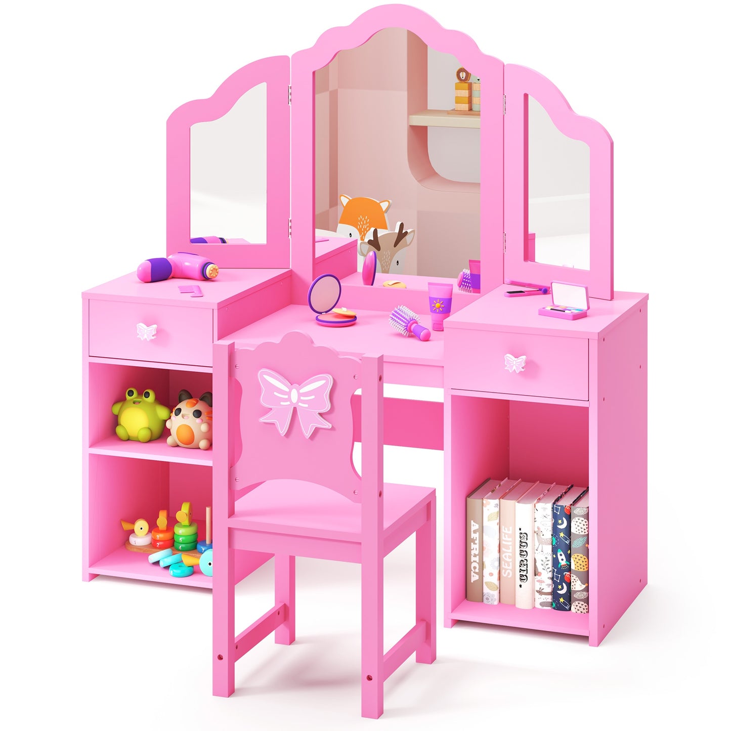 Girls Vanity Set with Mirror and Stool, Wood 2 in 1 Princess Kids Vanity Sets for Girls 3-9 Years Old, Kids Makeup Vanity Table Set with Detachable Top, Storage Cabinet, Pink