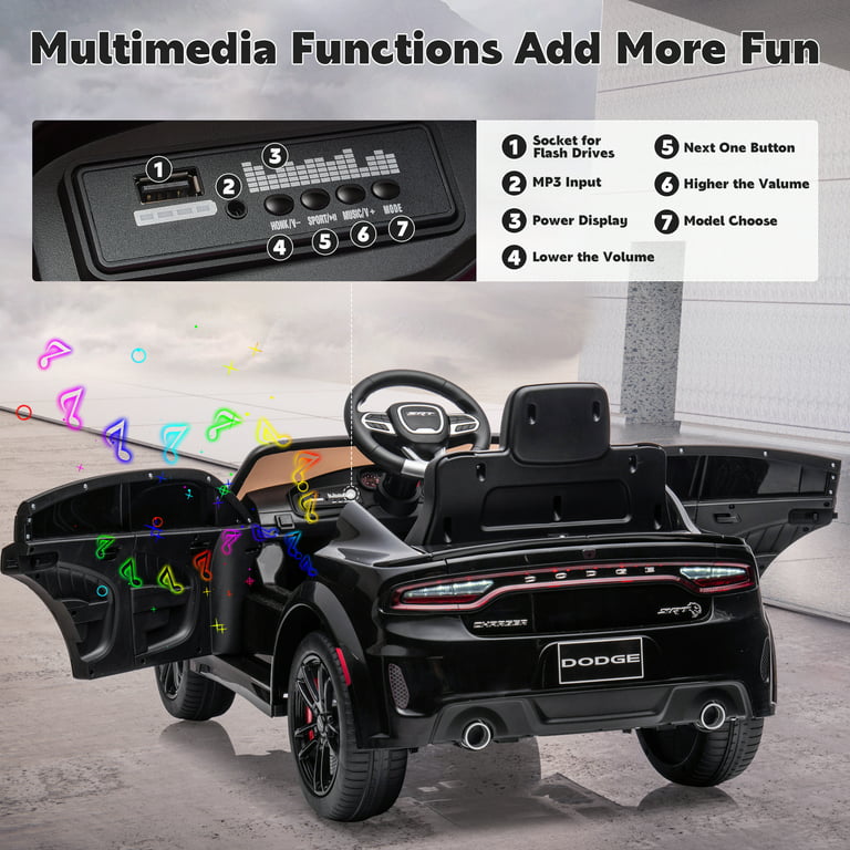 Ride on Cars, 12 V Licensed Dodge Charger Battery Powered Ride On Toys with Remote Control, MP3 Player, LED Headlights, Safety Belt, 4 Wheeler, Electric Car for Kids 3-5 Boys Girls, Black