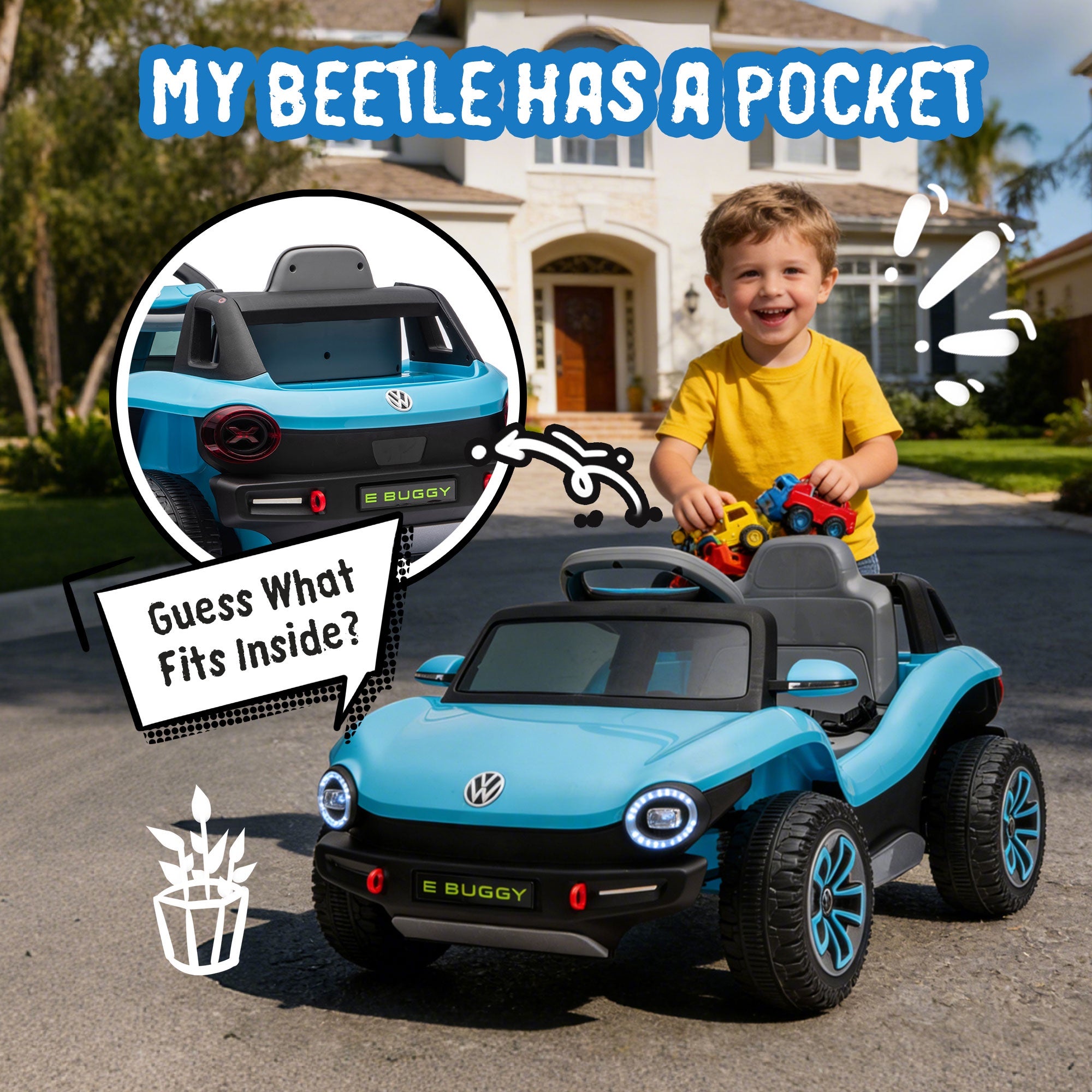 12V Ride on Toys, Licensed Volkswagen Beetle Powered Ride on Cars with Remote Control, Bluetooth, Music, USB Ports, LED Lights, 4 Wheels Suspension, Electric Car for Kids Boys Girls Ages 2-5, Blue