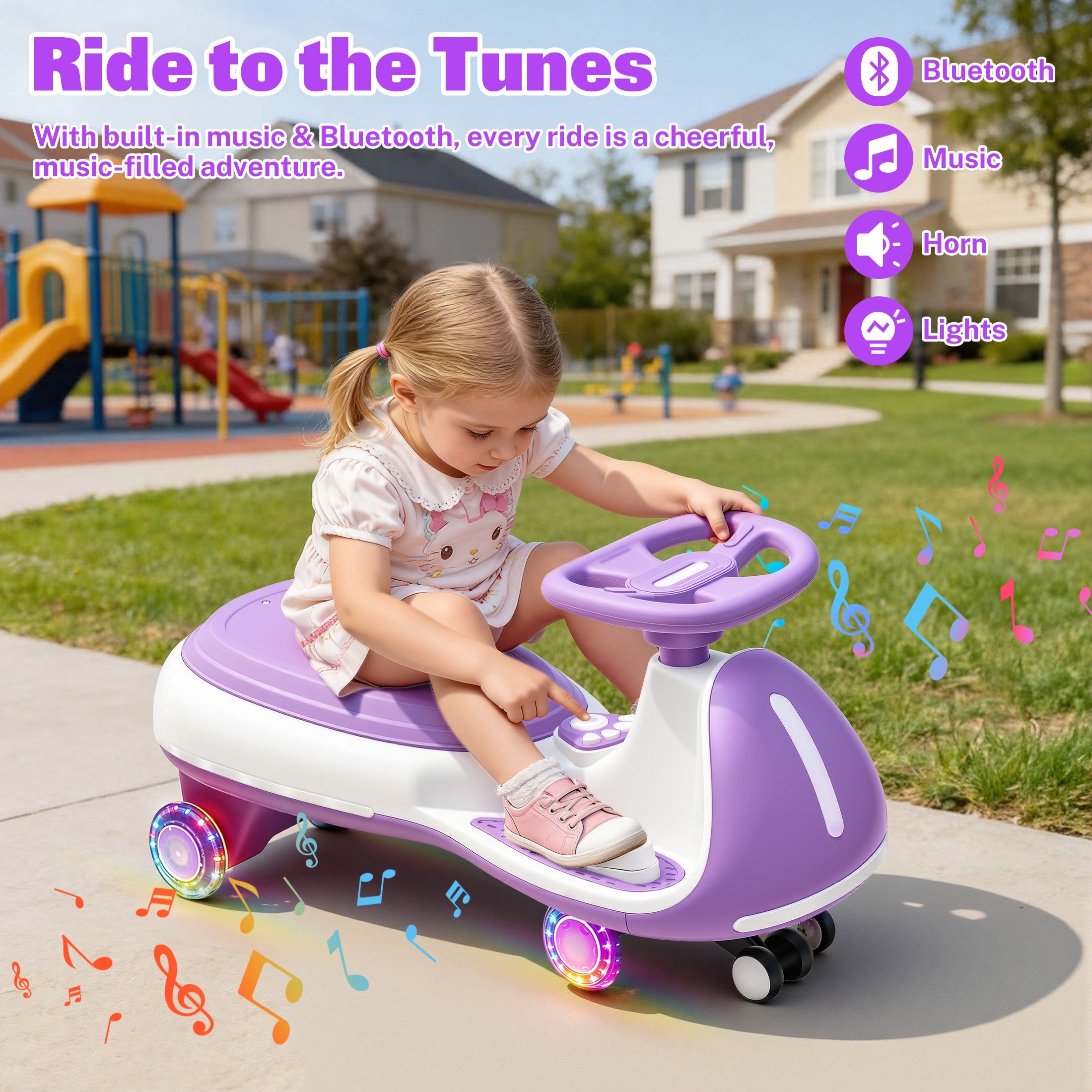 12V Electric Wiggle Car for Kids, Toddlers Ride on Toys with Pedal, Display, Flashing PU Wheels, LED Light, Bluetooth Music, Max Speed 5 MPH, Kids Ride on Cars for Boys Girls 3+, Purple