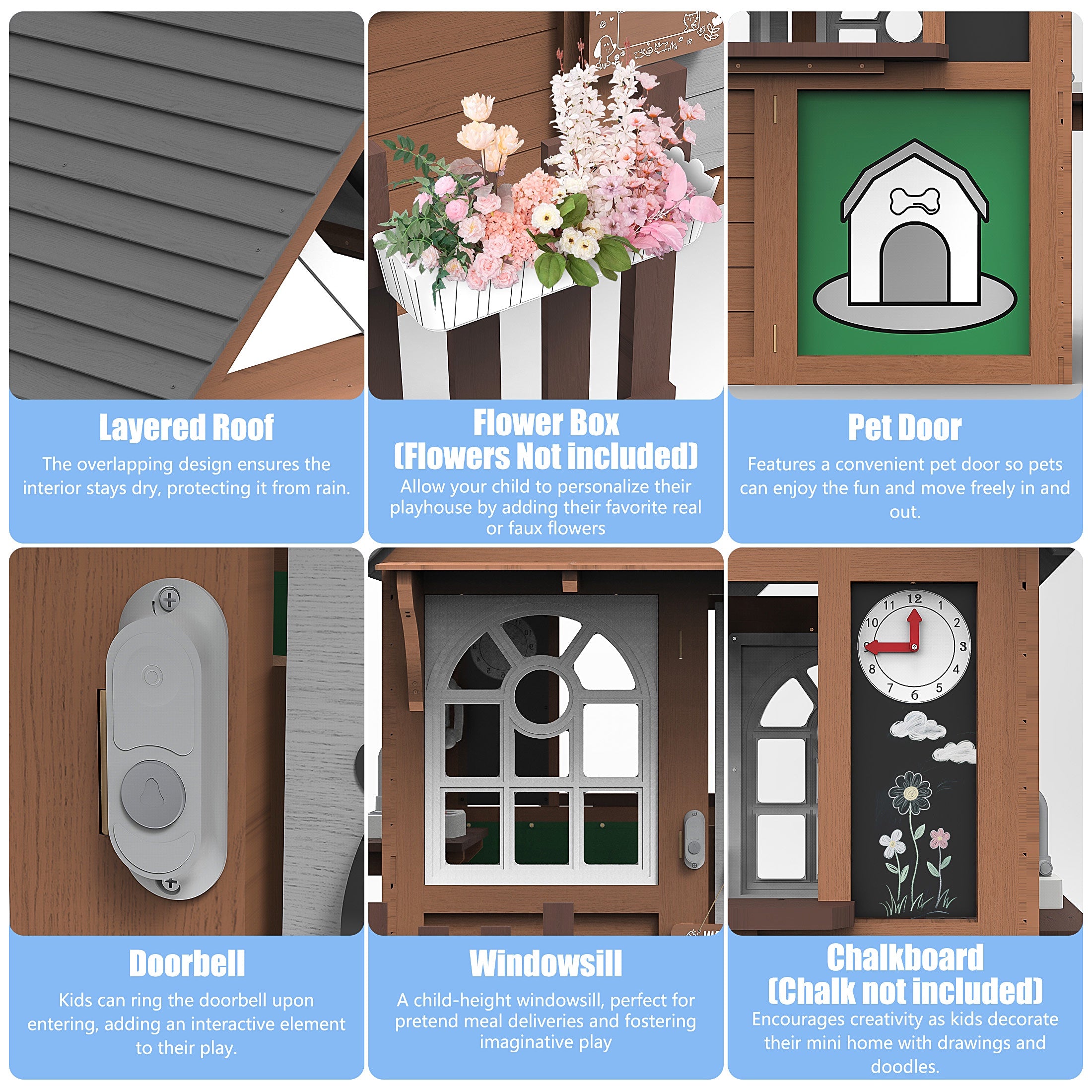 iYofe Outdoor Playhouse for Kids 3+, Wood Kids Playhouse with Full Door, Toy Phone, Bench, Planter Pots, Window, Toddler Playhouse Kids Outdoor Playset Equipment for Interactive Play
