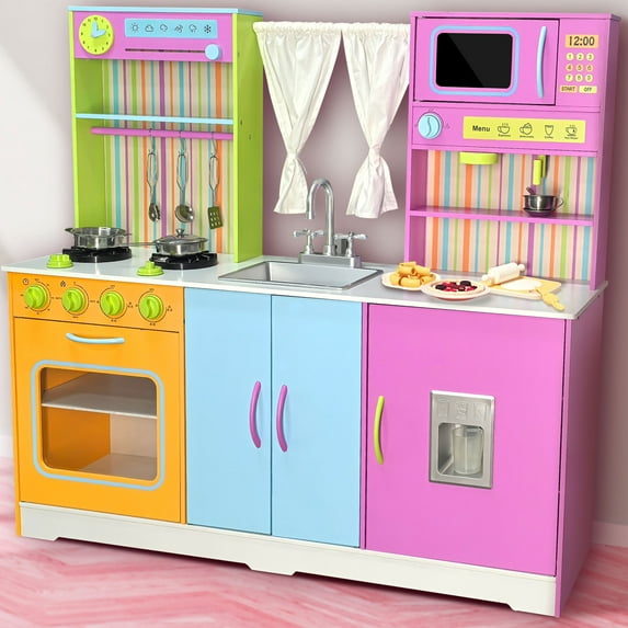 iYofe Play Kitchen, Kids Kitchen Playset with Rich Play Features and Large Operation Area, Wooden Pretend Play Toy Kitchen Set for Toddlers w/Real Sounds, Curtain, 18 Accessories, Gift for 3-6