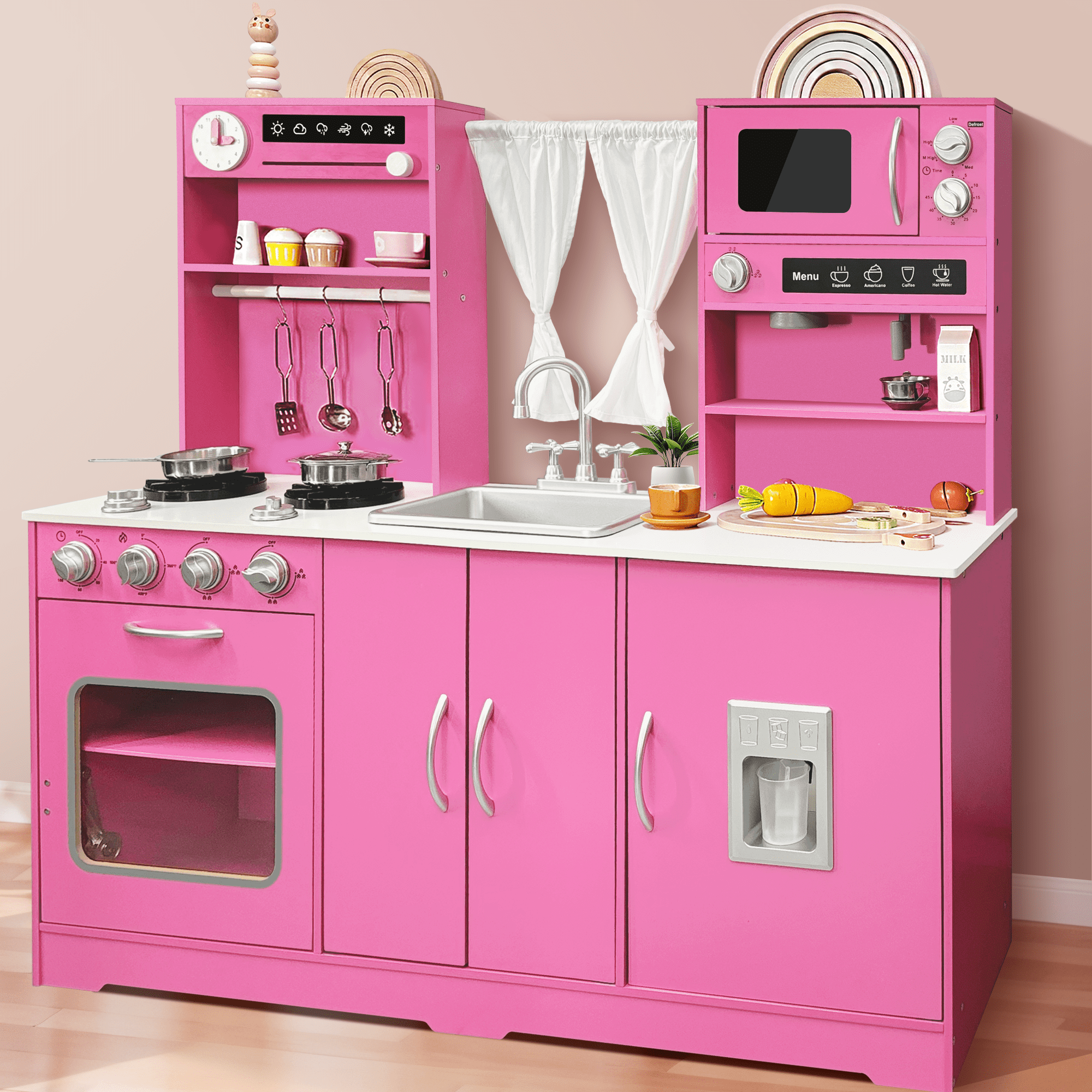 iYofe Play Kitchen, Kids Kitchen Playset with Rich Play Features and Large Operation Area, Wooden Pretend Play Toy Kitchen Set for Toddlers w/Real Sounds, Curtain, 18 Accessories, Gift for 3-6