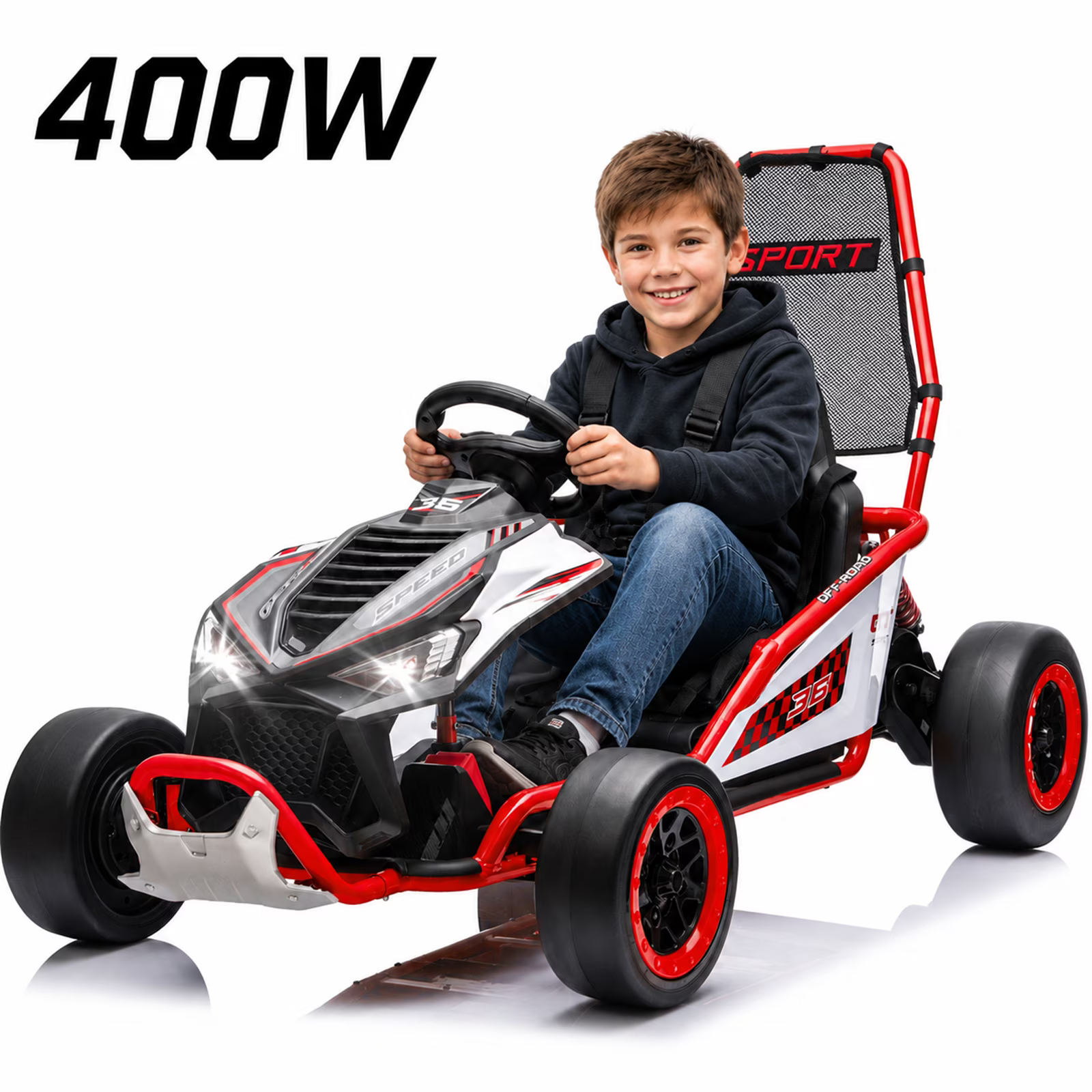 24V 400W Powered Ride on Cars, 2-IN-1 Kids Go Kart/Drift Car with Fast-Paced&Drift Mode, Protective Roll Cage, Safety Harness, Go Cart with Music, Bluetooth for Kids 6-12