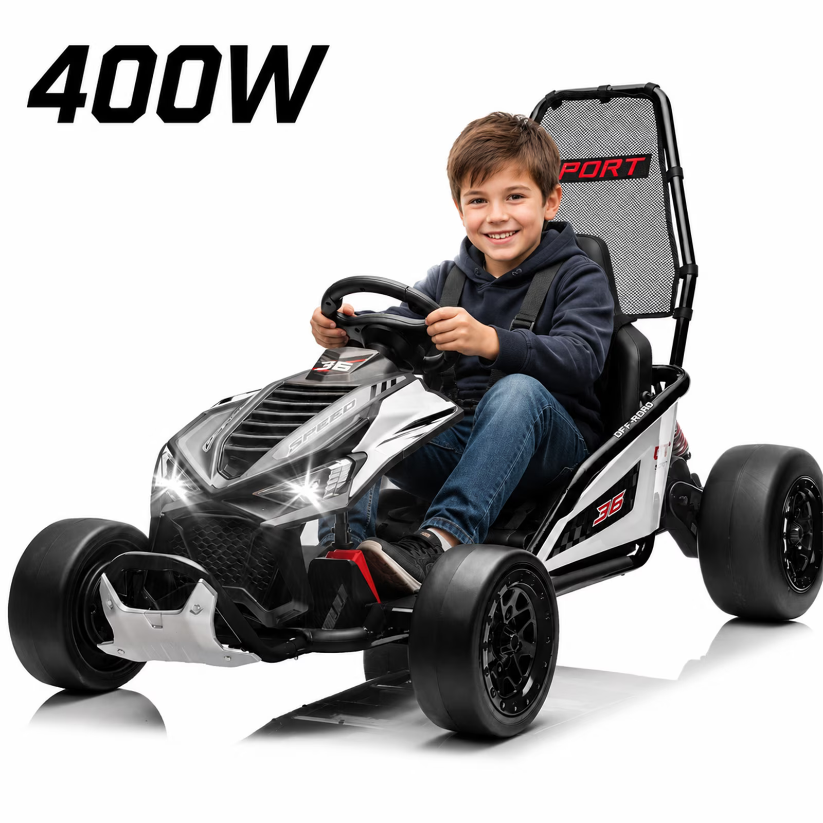 24V 400W Powered Ride on Cars, 2-IN-1 Kids Go Kart/Drift Car with Fast-Paced&Drift Mode, Protective Roll Cage, Safety Harness, Go Cart with Music, Bluetooth for Kids 6-12