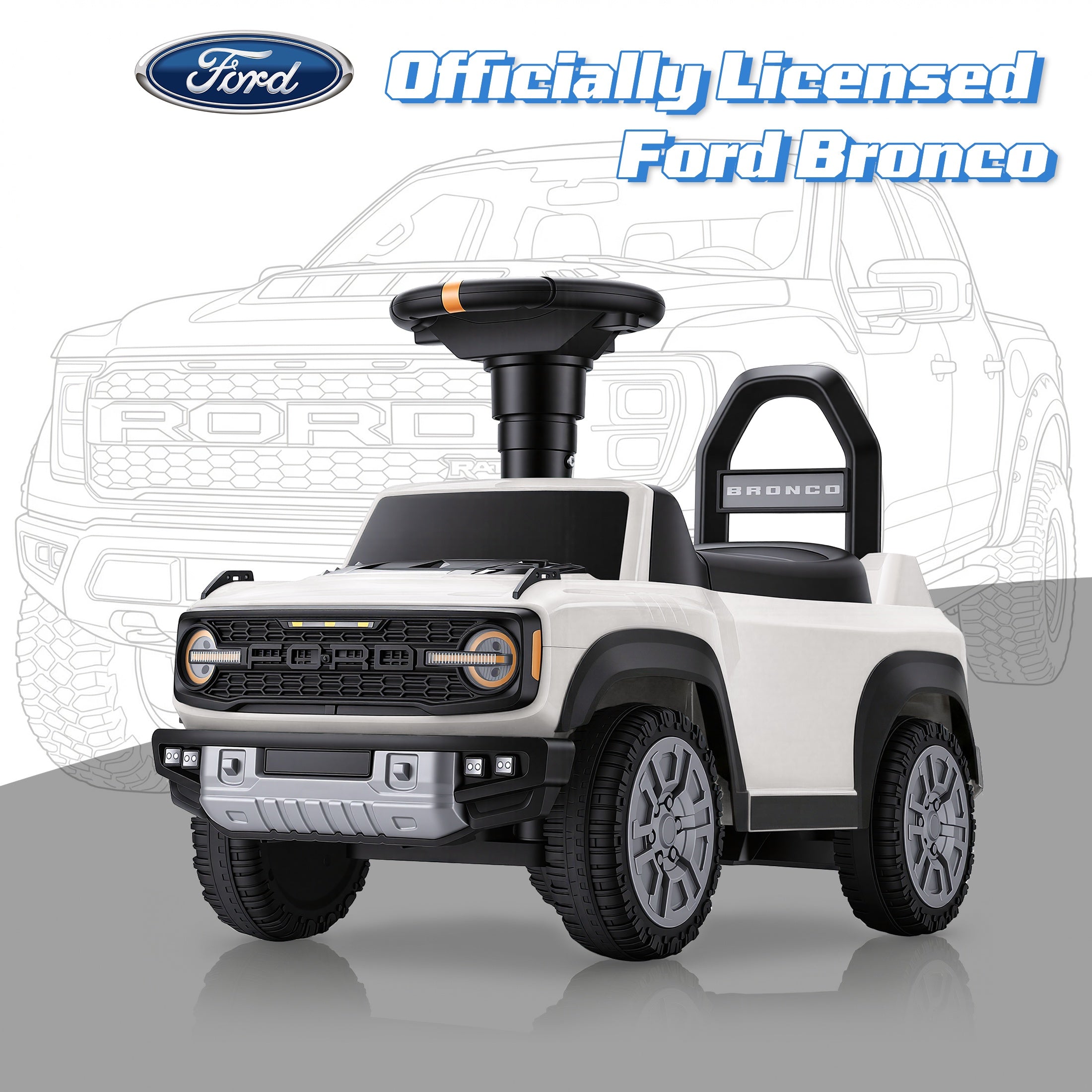 iYofe Kids Ride on Push Car 2 in 1, Ford Bronco Raptor Toddlers Ride on Push Toys with Horn, Music, Handle, Under Seat Storage, Ride on Toys for Toddlers 18 Months +, White