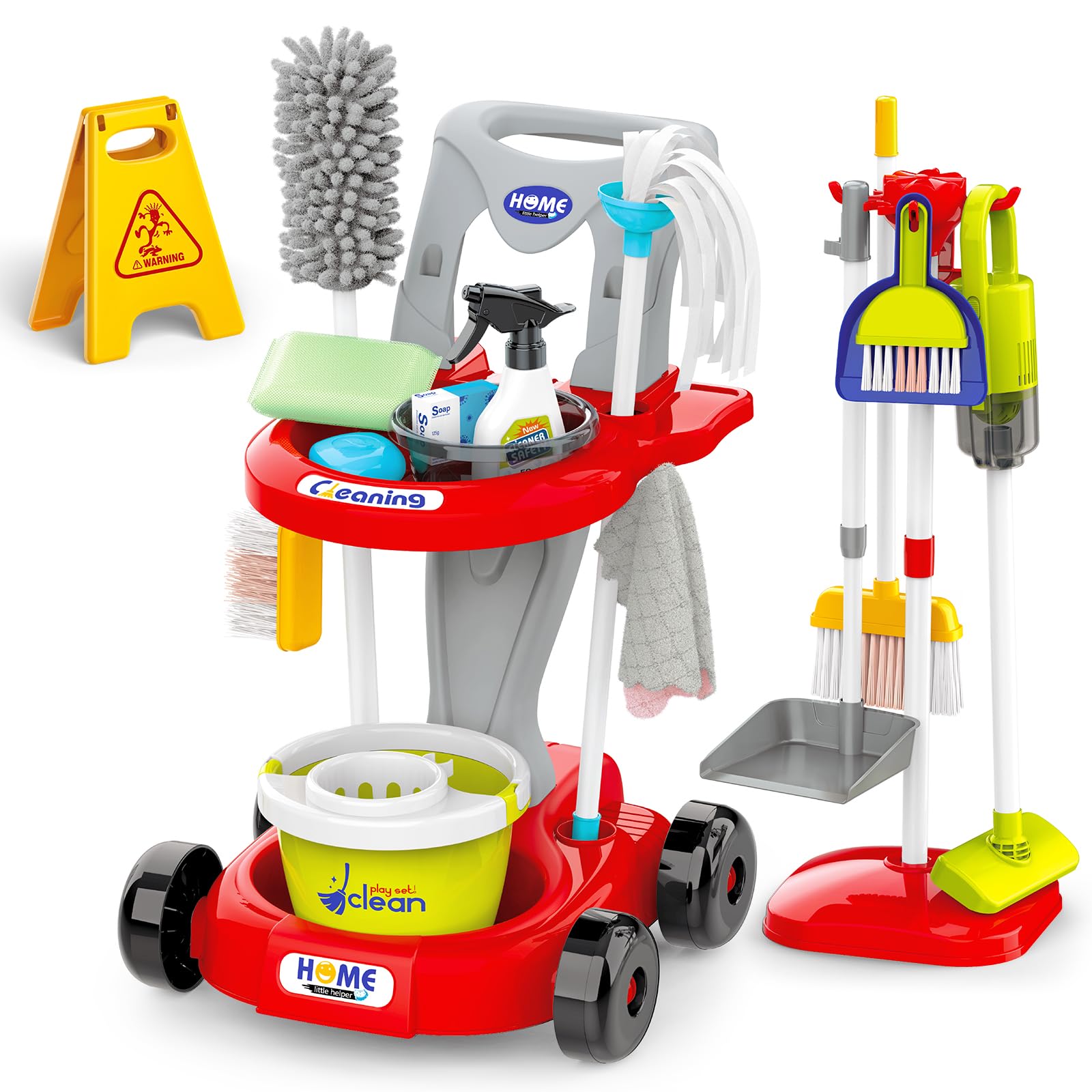 Kids Cleaning Toy Set 29PCS, Toddler Cleaning Set with Broom and Dustpan Set, Housekeeping Pretend Play Toys with Kids Vacuum, Duster, Brush, Rag, Toddler Girl Boy Toys, Red