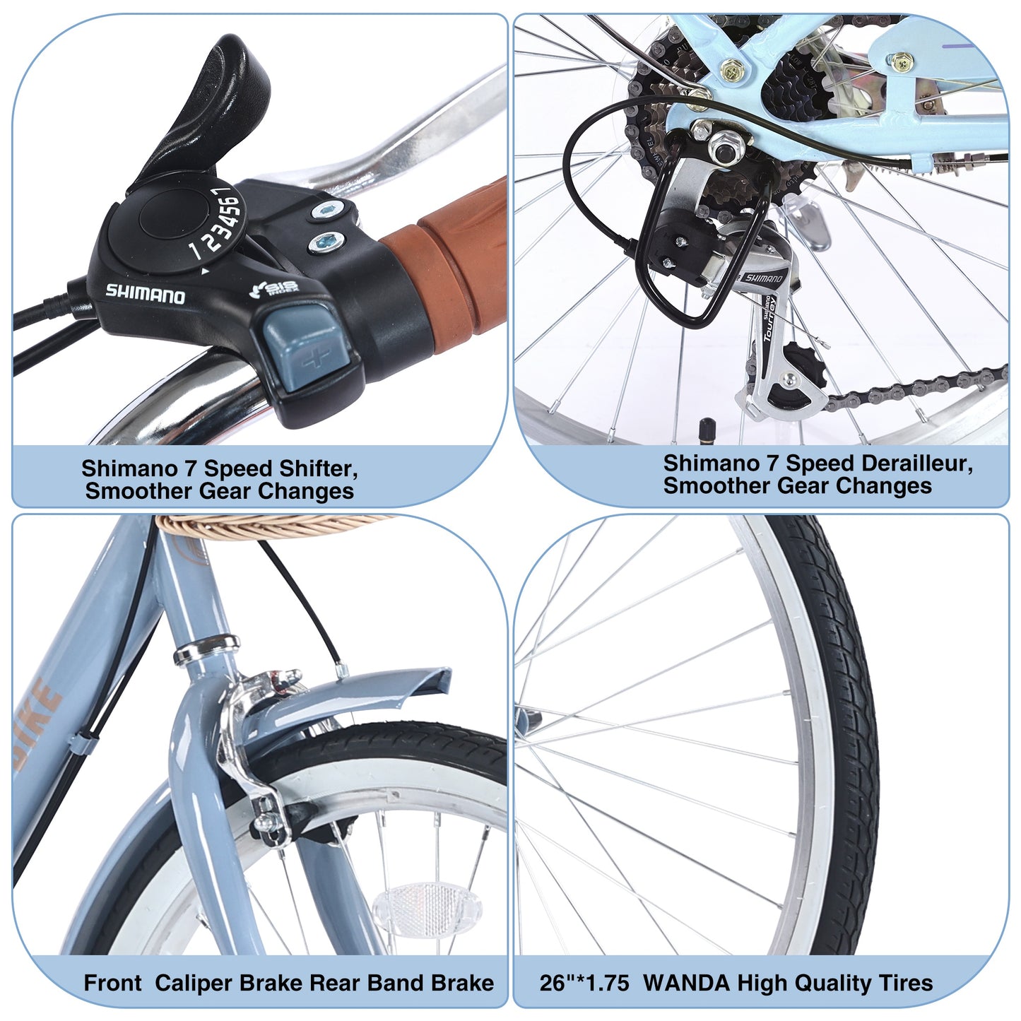 iYofe 26 inch Womens Bike, 7 Speed Hybrid Bike for Adult Teen w/ Basket and Backseat, Beach Cruiser Bike, City Comfort Commuter Bicycle for Ladies, V Brakes, 85% Assembled, Blue