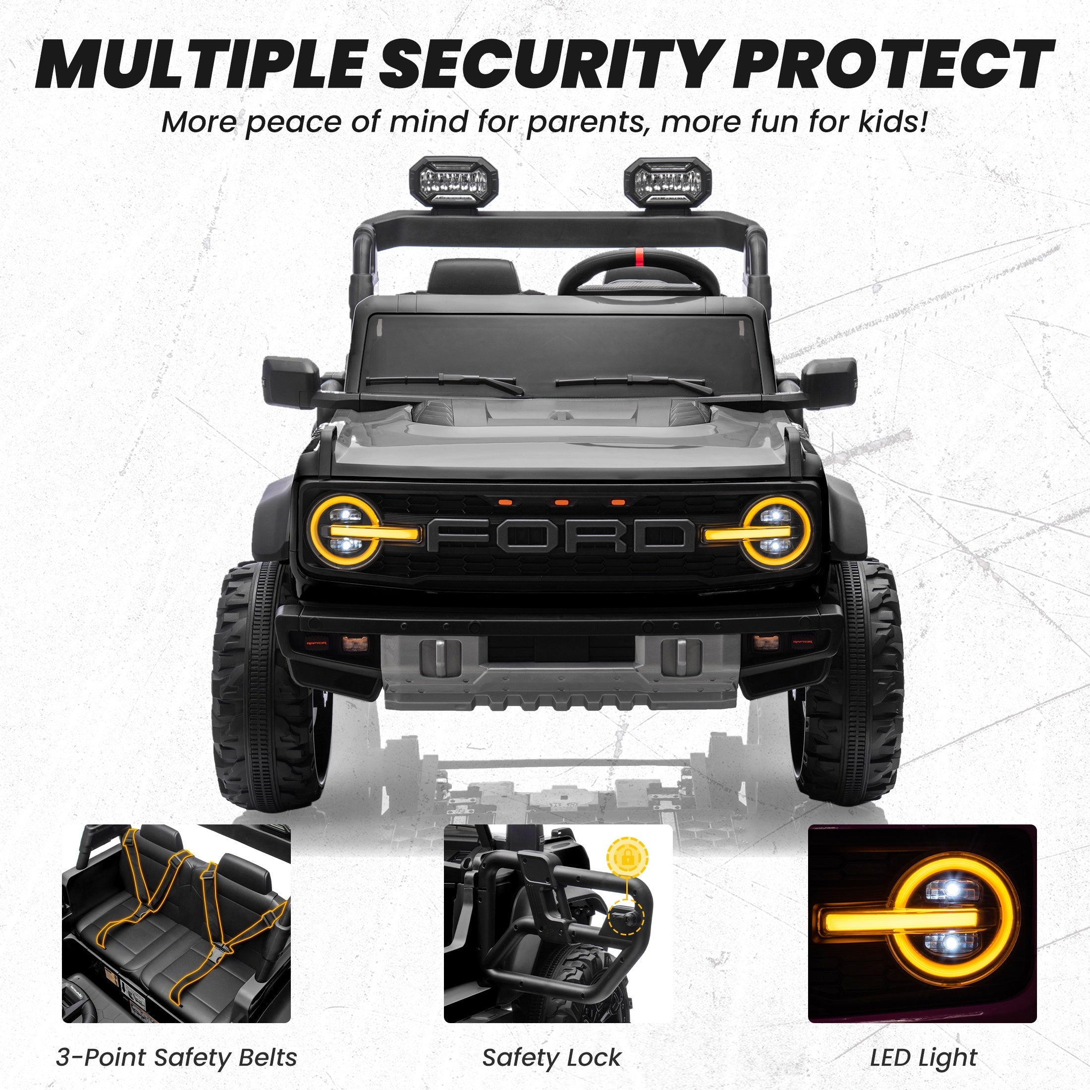 iYofe 24V 2 Seater Ride on Cars, Licensed Ford Bronco Raptor Powered Ride on Toys with Remote Control, 4 Wheels Spring Suspension, Bluetooth, LED Light, Electric Cars for Kids Ages 3-8 Gifts, Black