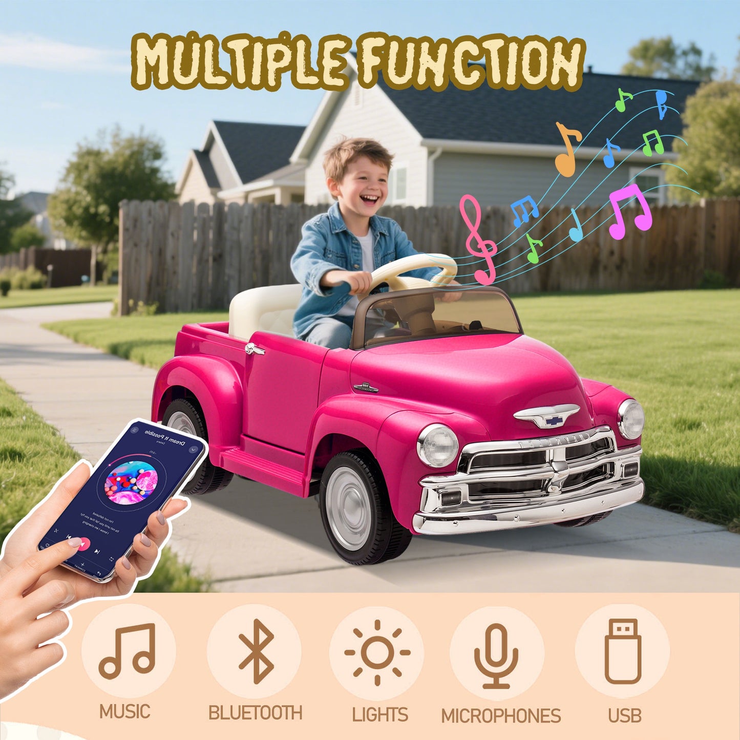 12V Ride on Toys, Licensed Chevrolet 3100 Powered Ride on Cars with Remote Control, Bluetooth, Music, USB Ports, LED Lights, 4 Wheels Suspension, Electric Car for Kids Boys Girls Ages 3-6, Pink
