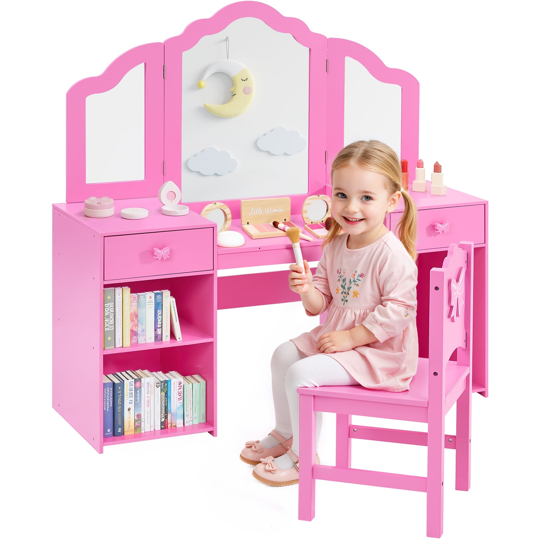 iYofe Kids Vanity Set, Girls Vanity Set with Mirror and Stool, Princess Girls Makeup Vanity Desk with Drawers, Open Storage Cabinet, Toddler Vanity Table and Chair Set for Little Girls Age 3-9, Pink