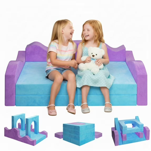 Modular Kids Play Couch Set for Toddlers Playroom, 12PCS Large Foldable Soft Kids Sofa, 3 in 1 Foam Convertible Couch Fort Building Floor Bed for Girls 3-5, Washable Velvet, Purple