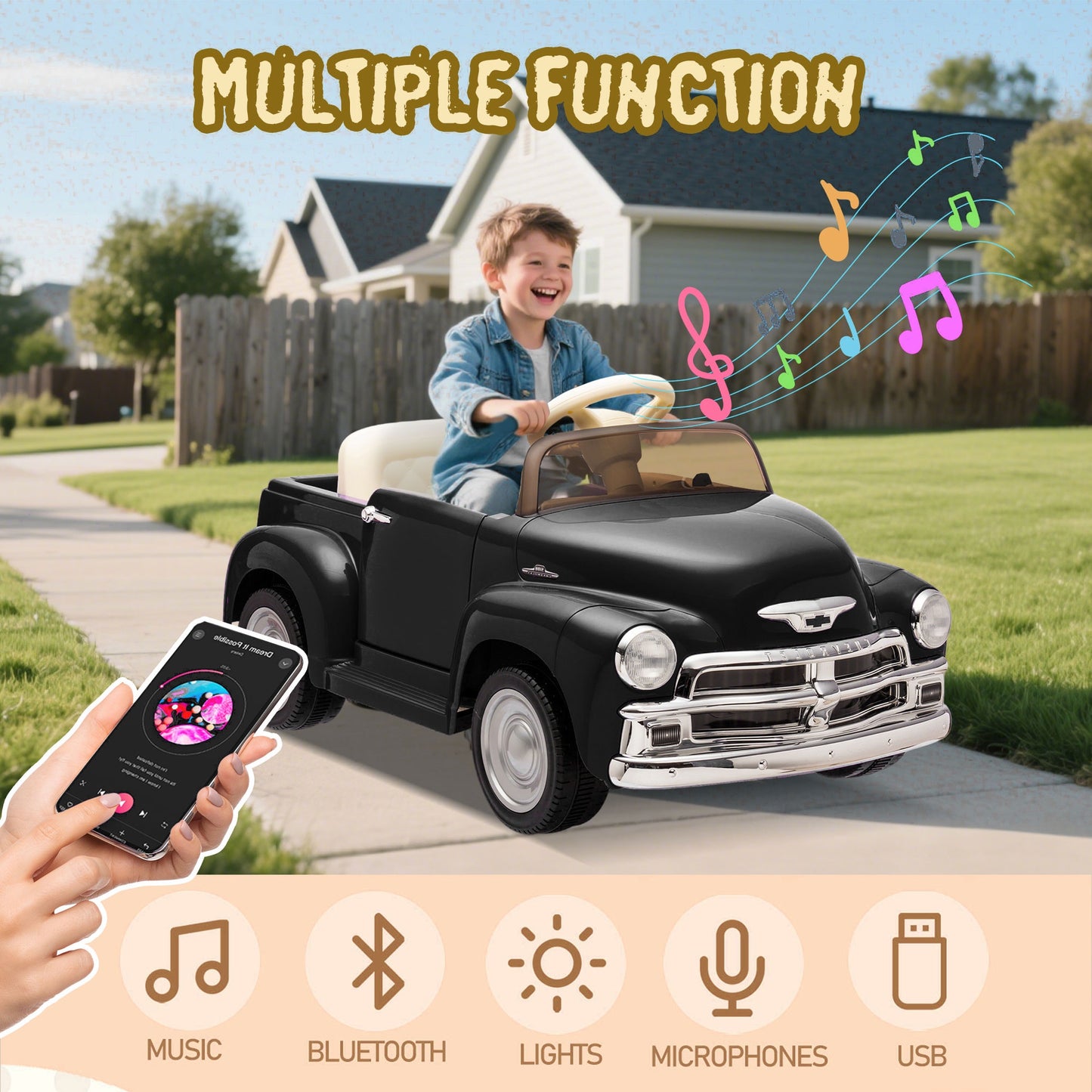 12V Ride on Toys, Licensed Chevrolet 3100 Powered Ride on Cars with Remote Control, Bluetooth, Music, USB Ports, LED Lights, 4 Wheels Suspension, Electric Car for Kids Boys Girls Ages 3-6, Black