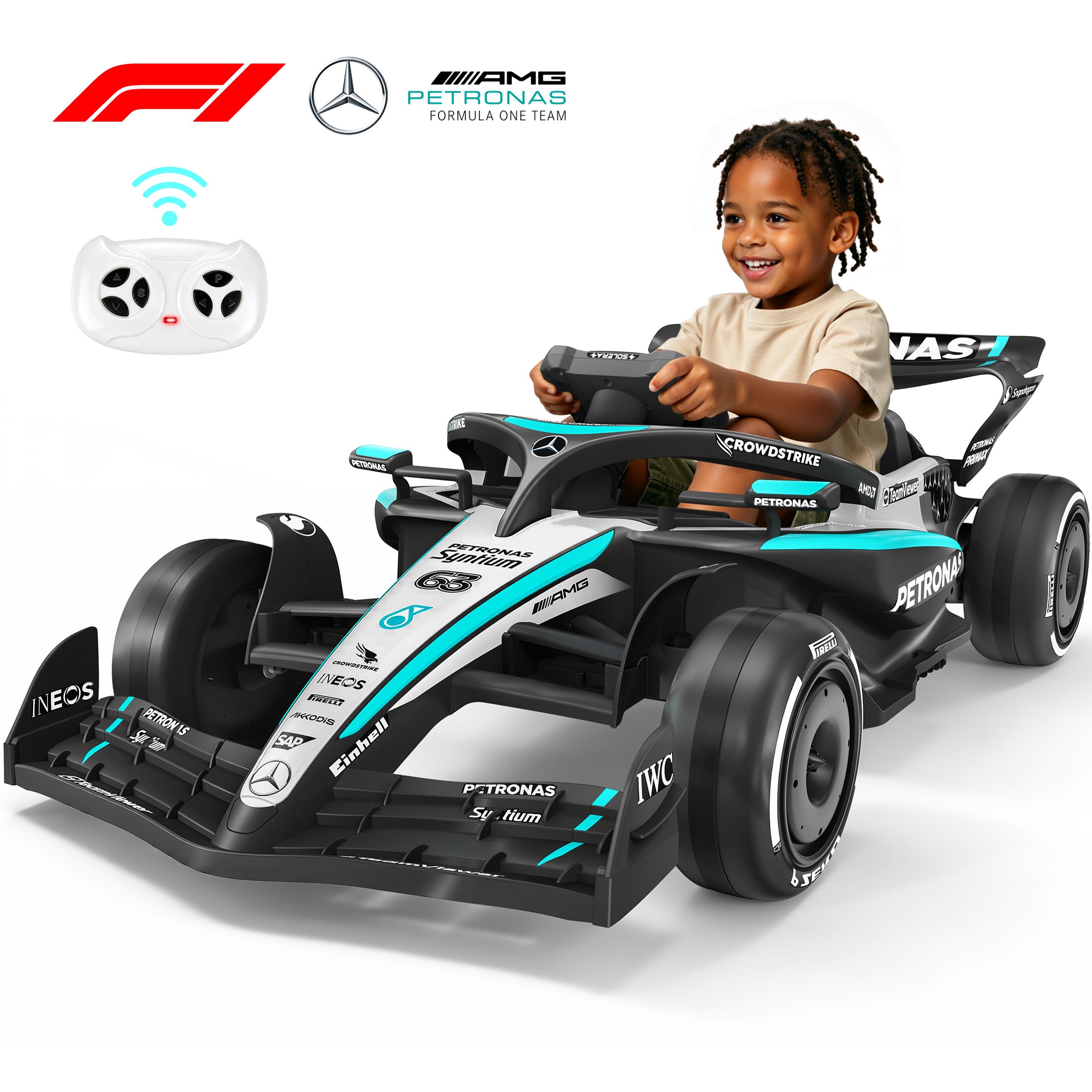 Mercedes-Benz F1 W16 Electric Go Kart, 12V Go Kart for Kids with Remote Control, Soft Start & Soft Stop, Built-in Music, Bluetooth, Ride on Toys for Kids 4-8