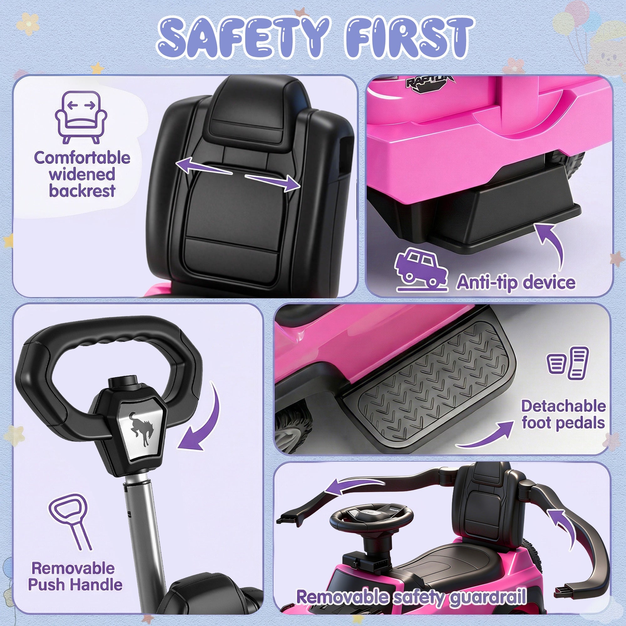 iYofe Kids Ride on Push Car, Licensed Ford Bronco Raptor Toddlers Ride on Toys with Horn, Music, Handle, Under Seat Storage, Kids Push Car for Toddlers 18 Months +, Pink