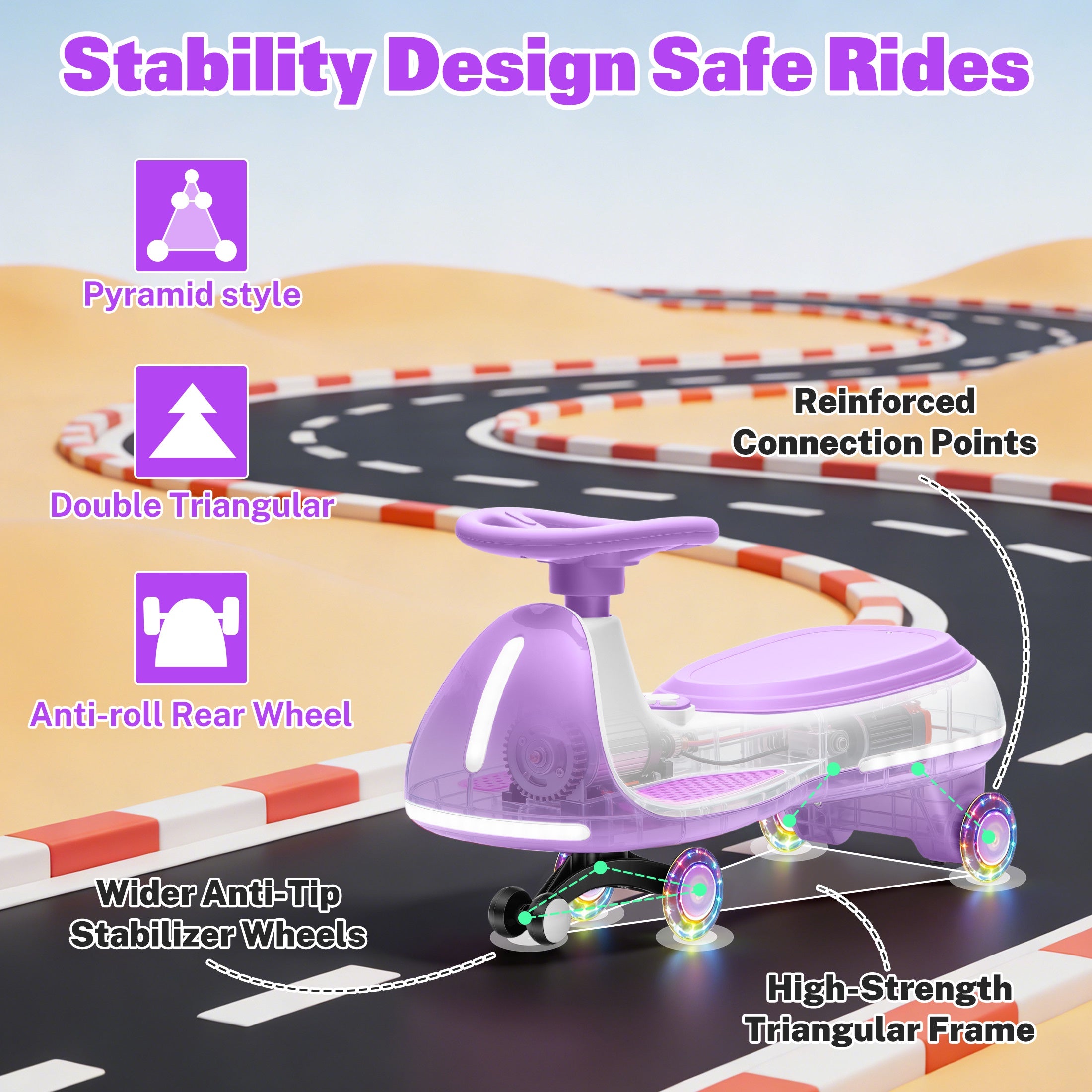 12V Electric Wiggle Car for Kids, Toddlers Ride on Toys with Pedal, Display, Flashing PU Wheels, LED Light, Bluetooth Music, Max Speed 5 MPH, Kids Ride on Cars for Boys Girls 3+, Purple