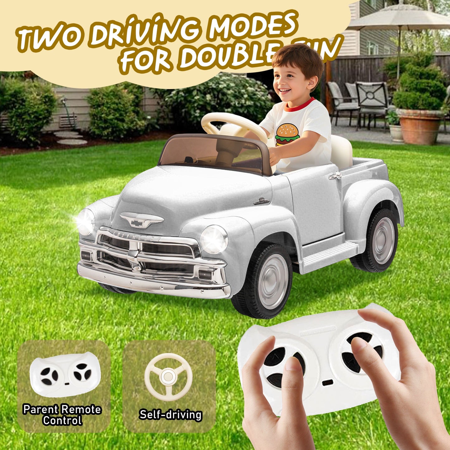 12V Ride on Toys, Licensed Chevrolet 3100 Powered Ride on Cars with Remote Control, Bluetooth, Music, USB Ports, LED Lights, 4 Wheels Suspension, Electric Car for Kids Boys Girls Ages 3-6, White