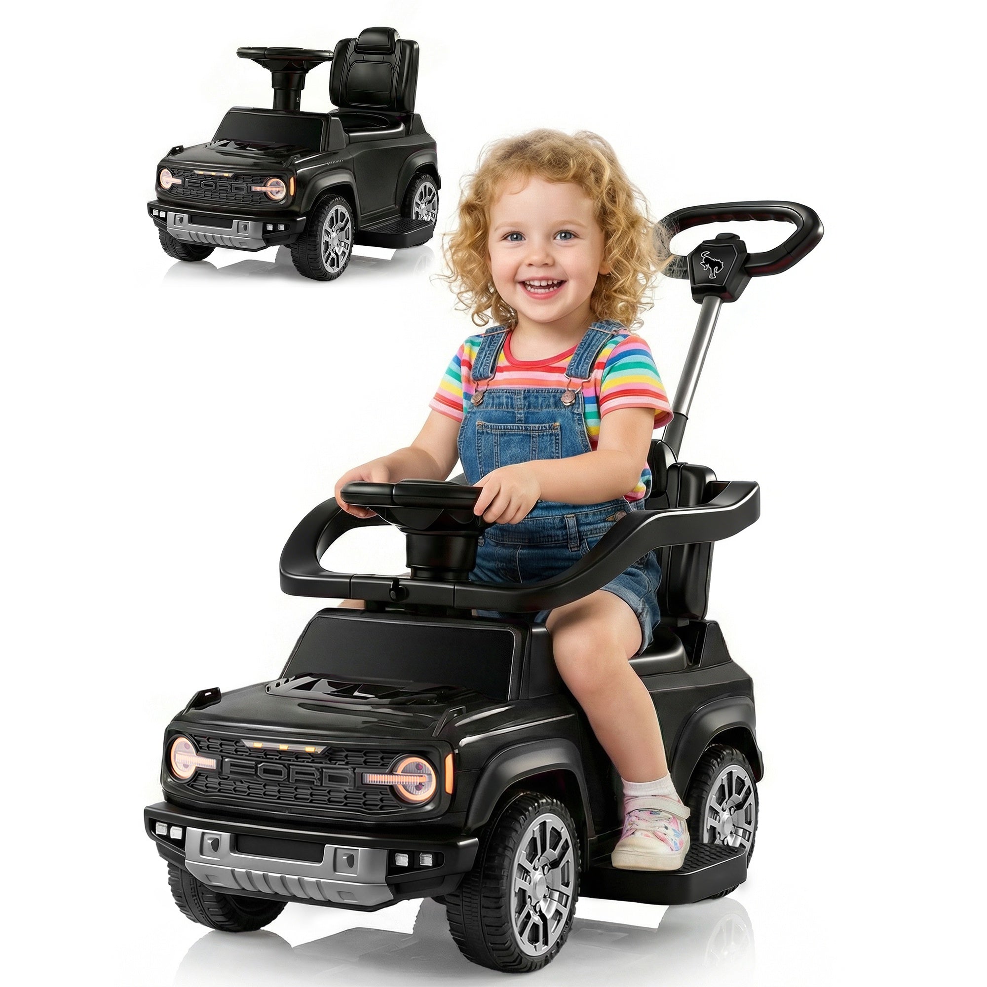 iYofe Kids Ride on Push Car, Licensed Ford Bronco Raptor Toddlers Ride on Toys with Horn, Music, Handle, Under Seat Storage, Kids Push Car for Toddlers 18 Months +, Black