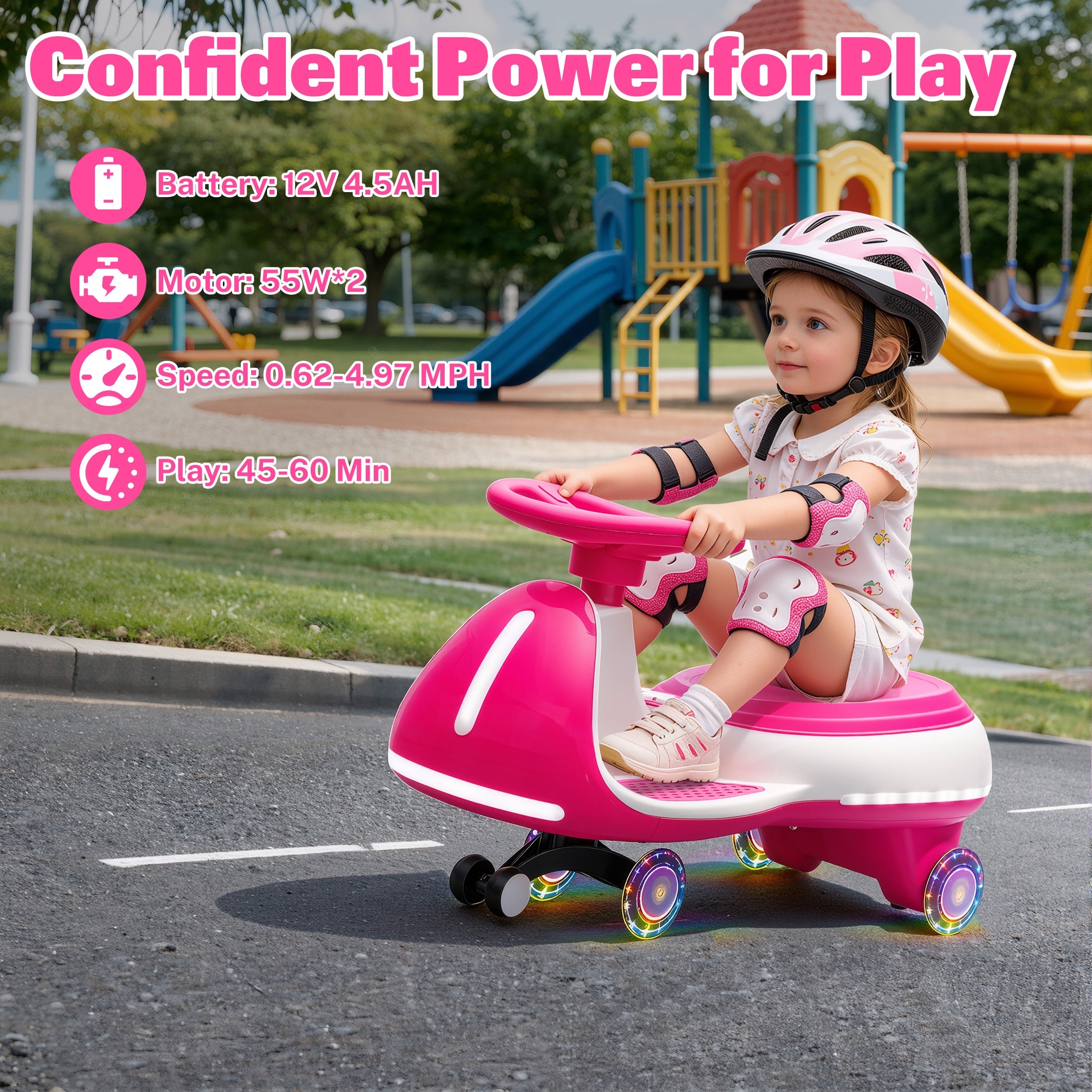 12V Electric Wiggle Car for Kids, Toddlers Ride on Toys with Pedal, Display, Flashing PU Wheels, LED Light, Bluetooth Music, Max Speed 5 MPH, Kids Ride on Cars for Boys Girls 3+, Rose Red