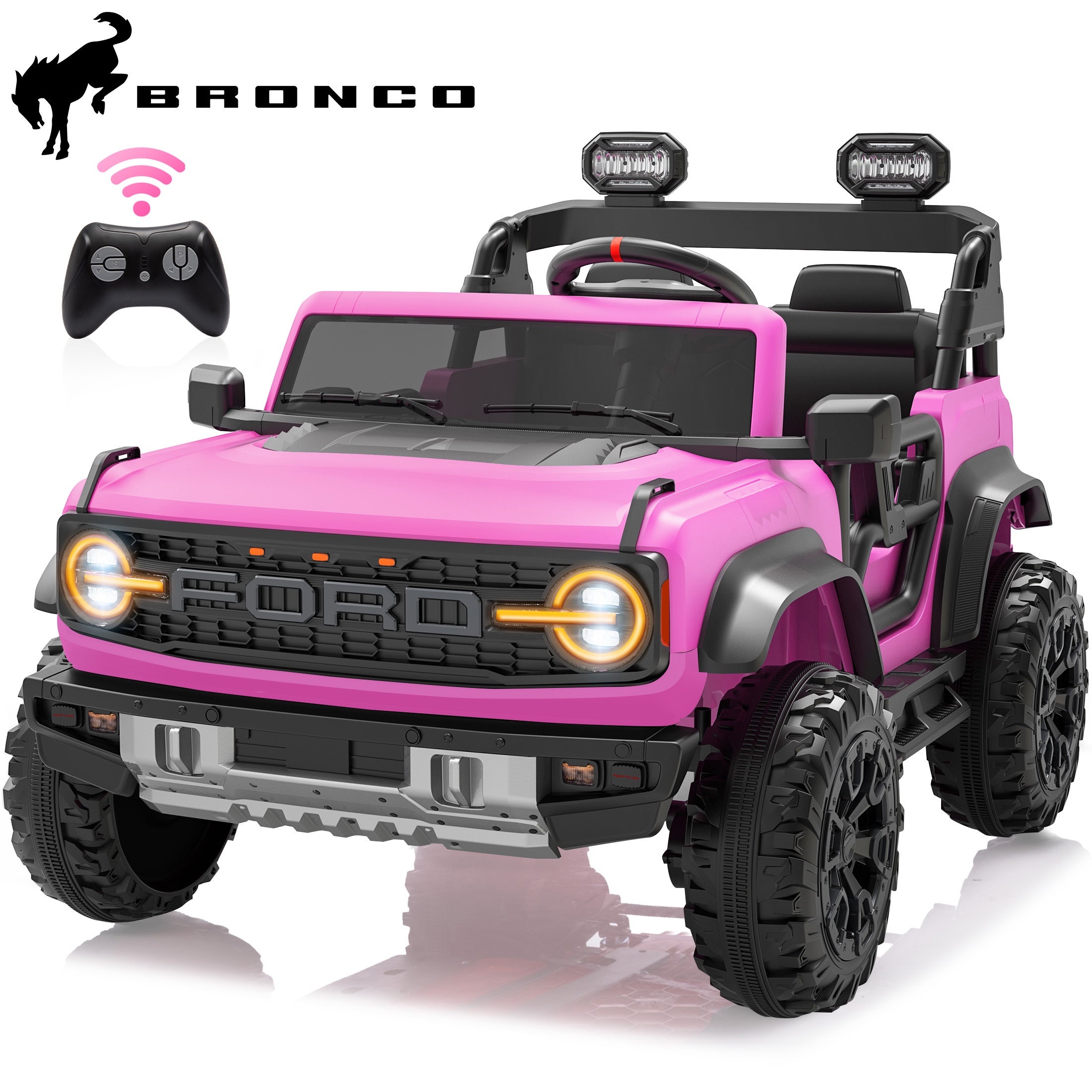 iYofe 24V 2 Seater Ride on Cars, Licensed Ford Bronco Raptor Powered Ride on Trucks with Remote Control, Spring Suspension, Bluetooth, LED Light, Ride on Toys for Kids Ages 3-8 Boy Girls Gift, Pink