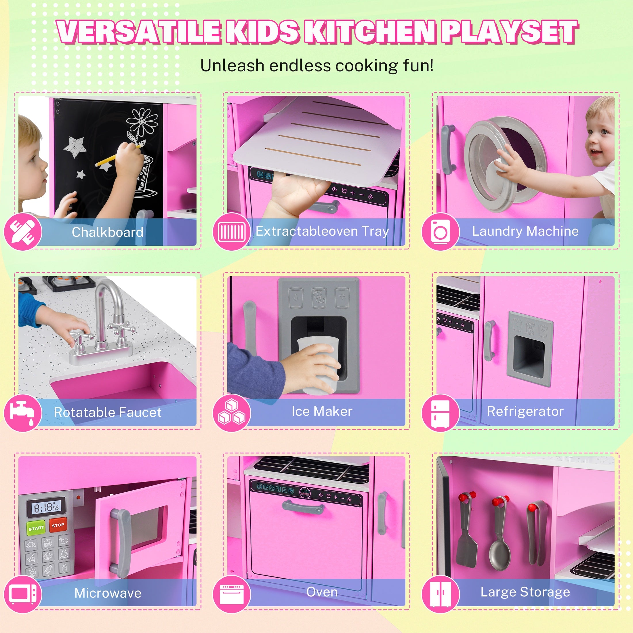 iYofe Play Kitchen for Kids, Wooden Kids Kitchen Playset Island Pretend Play Toys with Real Lights & Sounds, Chalkboard, Educational Kitchen Toy Birthday Christmas Gifts for Kids Toddlers, Pink