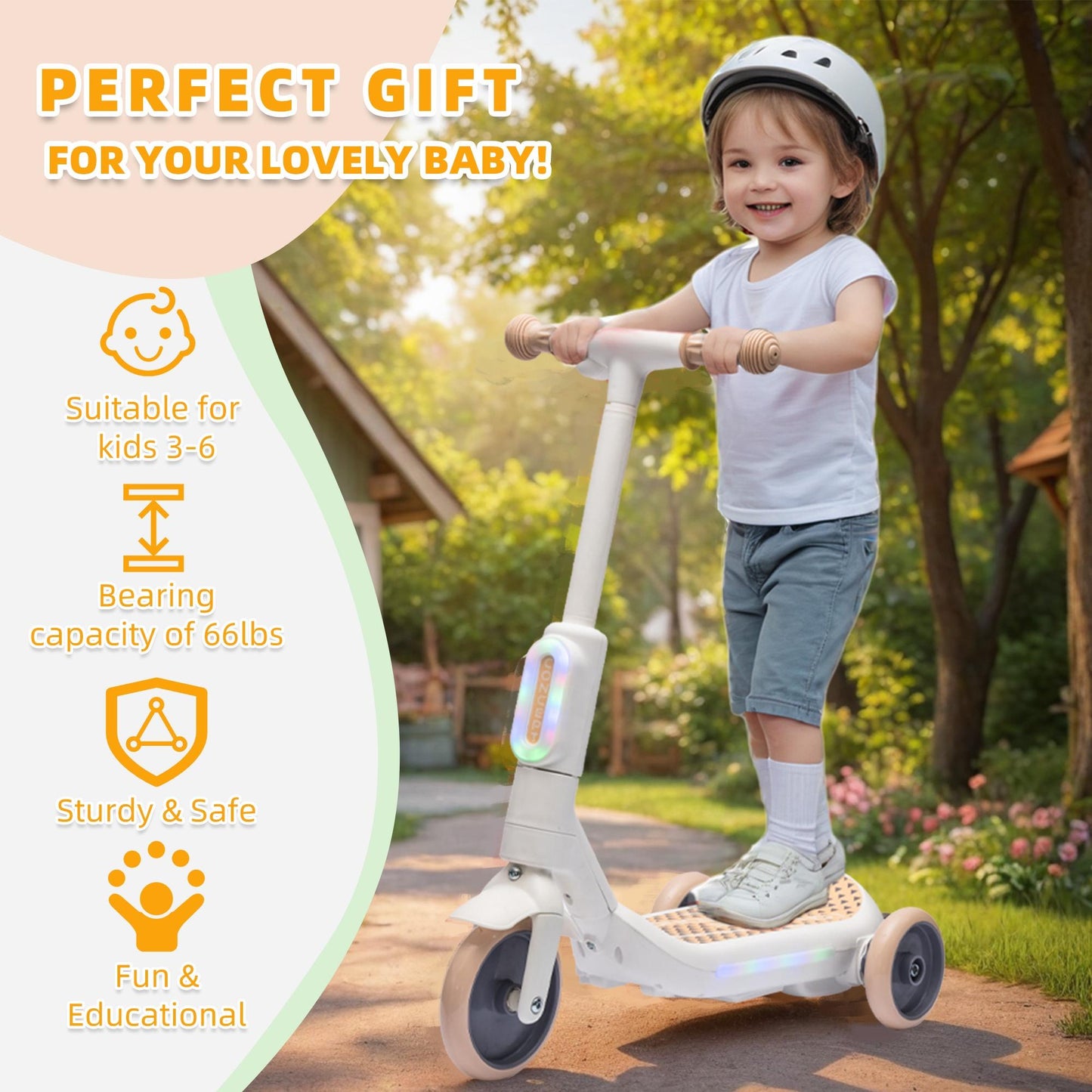 iYofe 3 Wheel Scooter for Kids, 6V Kids Electric Scooter for Boys Girls 3-6 Years Old, Kids Scooter for Toddlers with Music, Steam Sprayer, Colorful Front/Deck Light, White