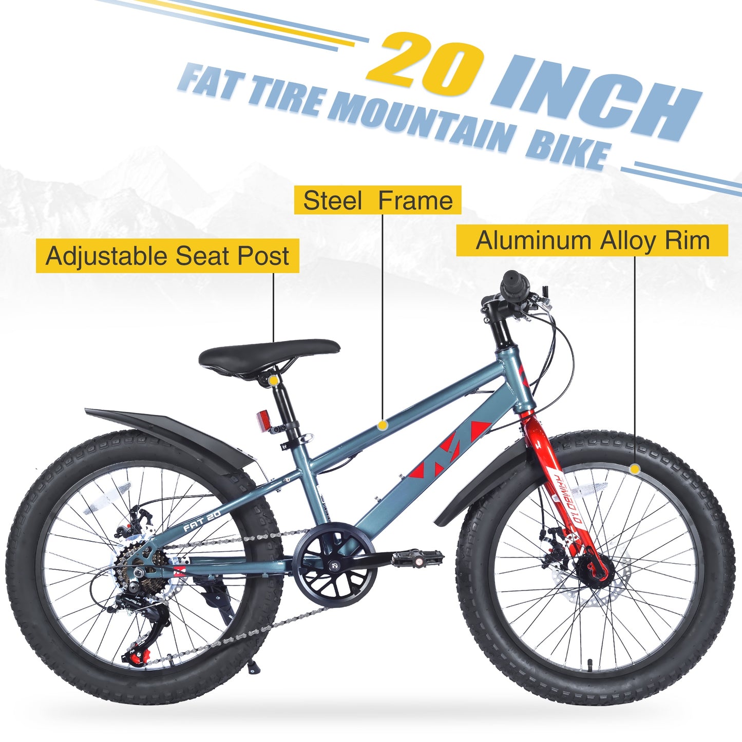 20 inch Kids Mountain Bikes for Boys Girls, 7 Speed Fat Tire Mountain Bicycle w/ Disc Brakes, Bike for kids Ages 5-12 Years Old, City Bikes Street Suit for Rider Height 44"-56", 85% assembled (Gray)