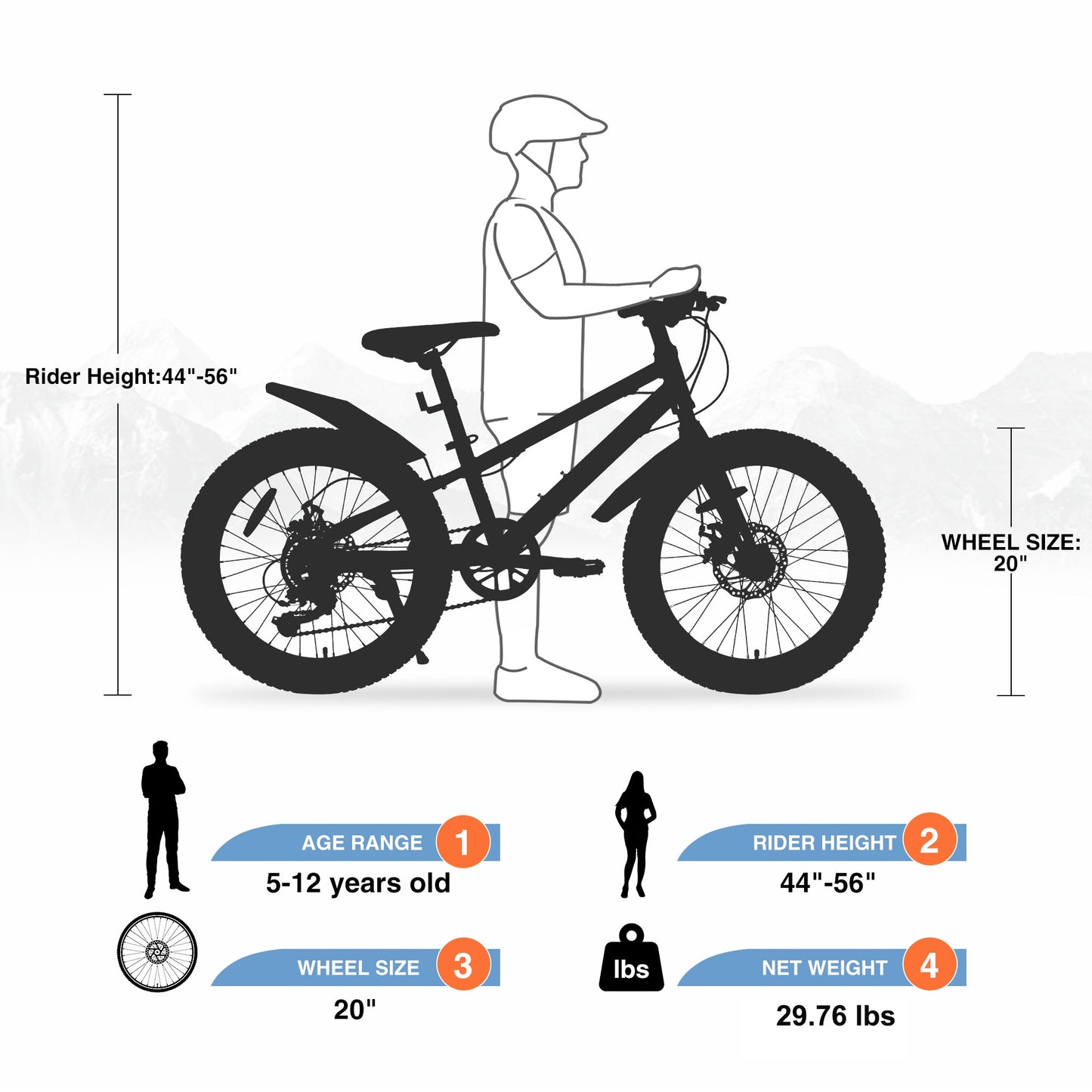 20" Kids Mountain Bikes for Boys Girls, 7 Speed Fat Tire Mountain Bicycle w/ Disc Brakes, Bike for kids Ages 5-12 Years Old, City Bikes Street Suit for Rider Height 44"-56", 85% assembled (Orange)