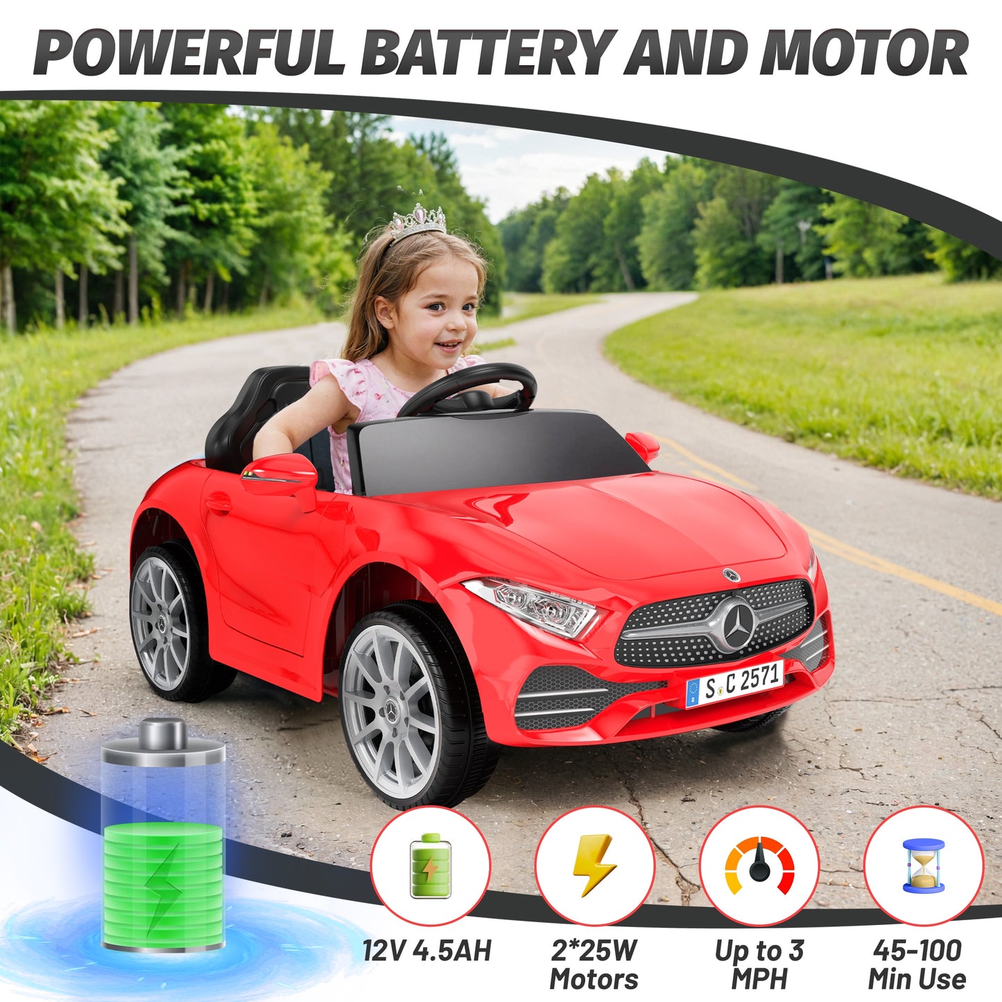 12V Ride on Toy for Kids, Licensed Mercedes-Benz CLS 350 Powered Ride on Car with Remote Control, Kids Electric Cars for Boys Girls 2-5 with Bluetooth, Music, LED Lights, 3 Speeds, 4 Wheelers, Red