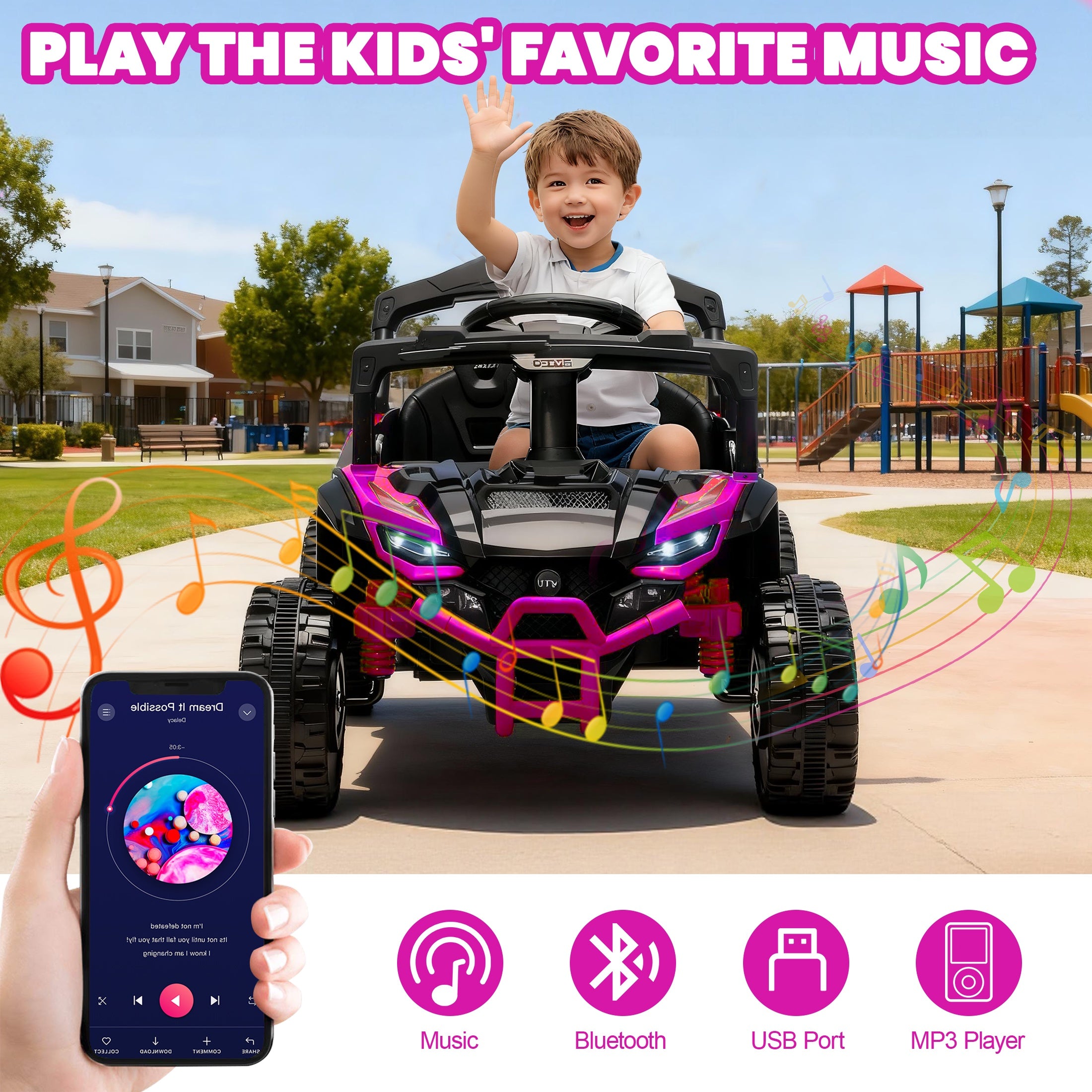 iYofe 24V Powered Ride on Toys with Remote Control, Kids Ride on Car UTV for Boys Girls Ages 3-5, Ride on Vehicles Electric Cars for Kids with Bluetooth, Music, LED Lights, 4 Wheels Suspension, Pink