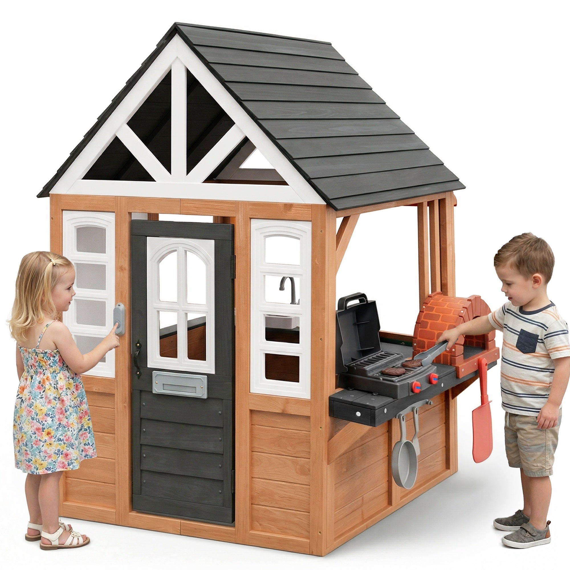 iYofe Kids Playhouse, Wooden Outdoor Playhouse for Kids, Pretend Play House for Toddlers 3-5 with Pizza Oven, Kitchen, Grill Area, Real Doorbell, Gift for Boys Girls Ages 3+