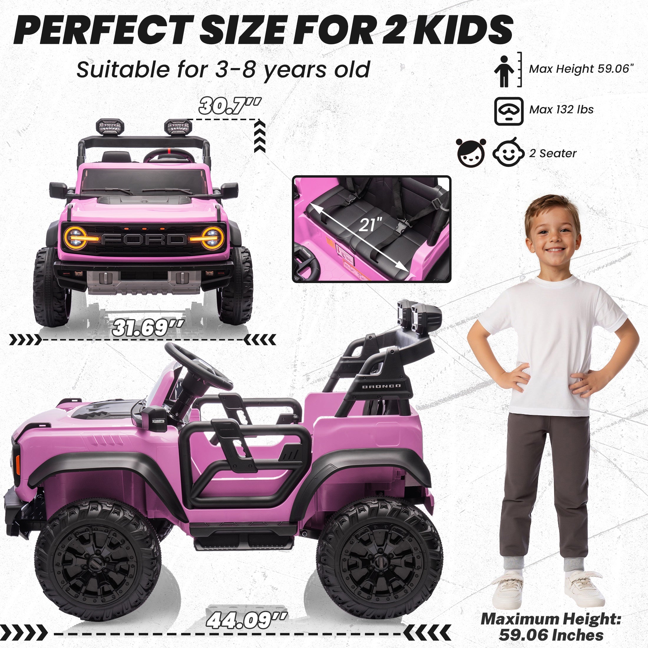 iYofe 24V 2 Seater Ford Bronco Raptor Powered Ride on Car with Remote Control, Bluetooth, Ages 3-8, Pink