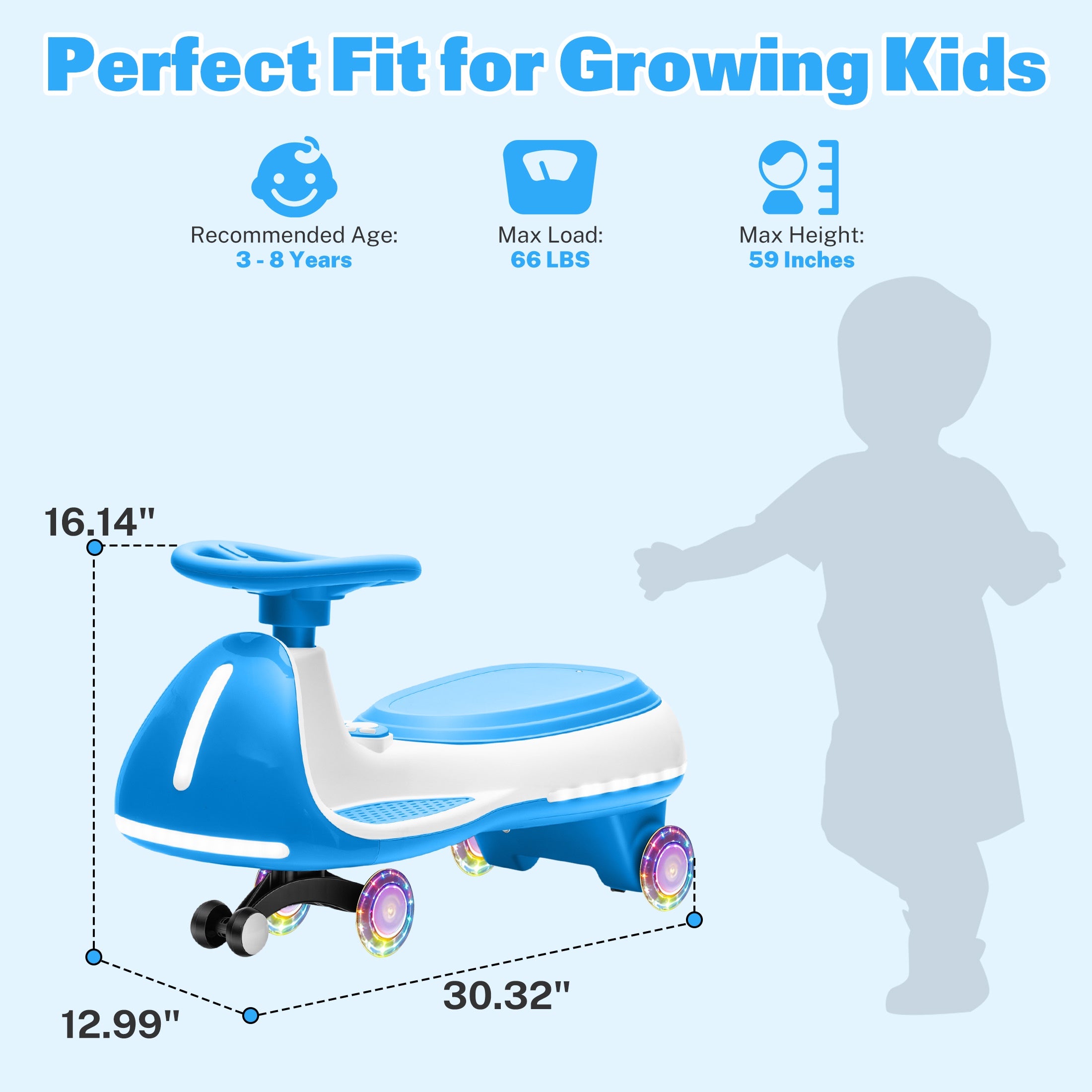 12V Electric Wiggle Car for Kids, Toddlers Ride on Toys with Pedal, Display, Flashing PU Wheels, LED Light, Bluetooth Music, Max Speed 5 MPH, Kids Ride on Cars for Boys Girls 3+, Blue