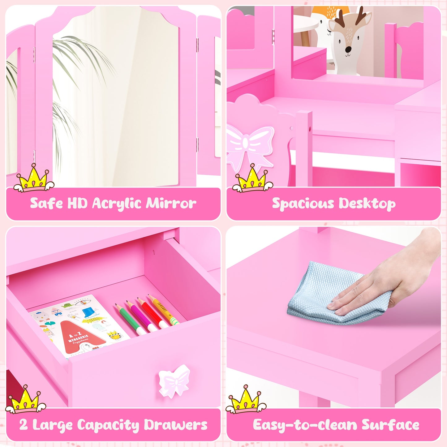 Girls Vanity Set with Mirror and Stool, Wood 2 in 1 Princess Kids Vanity Sets for Girls 3-9 Years Old, Kids Makeup Vanity Table Set with Detachable Top, Storage Cabinet, Pink