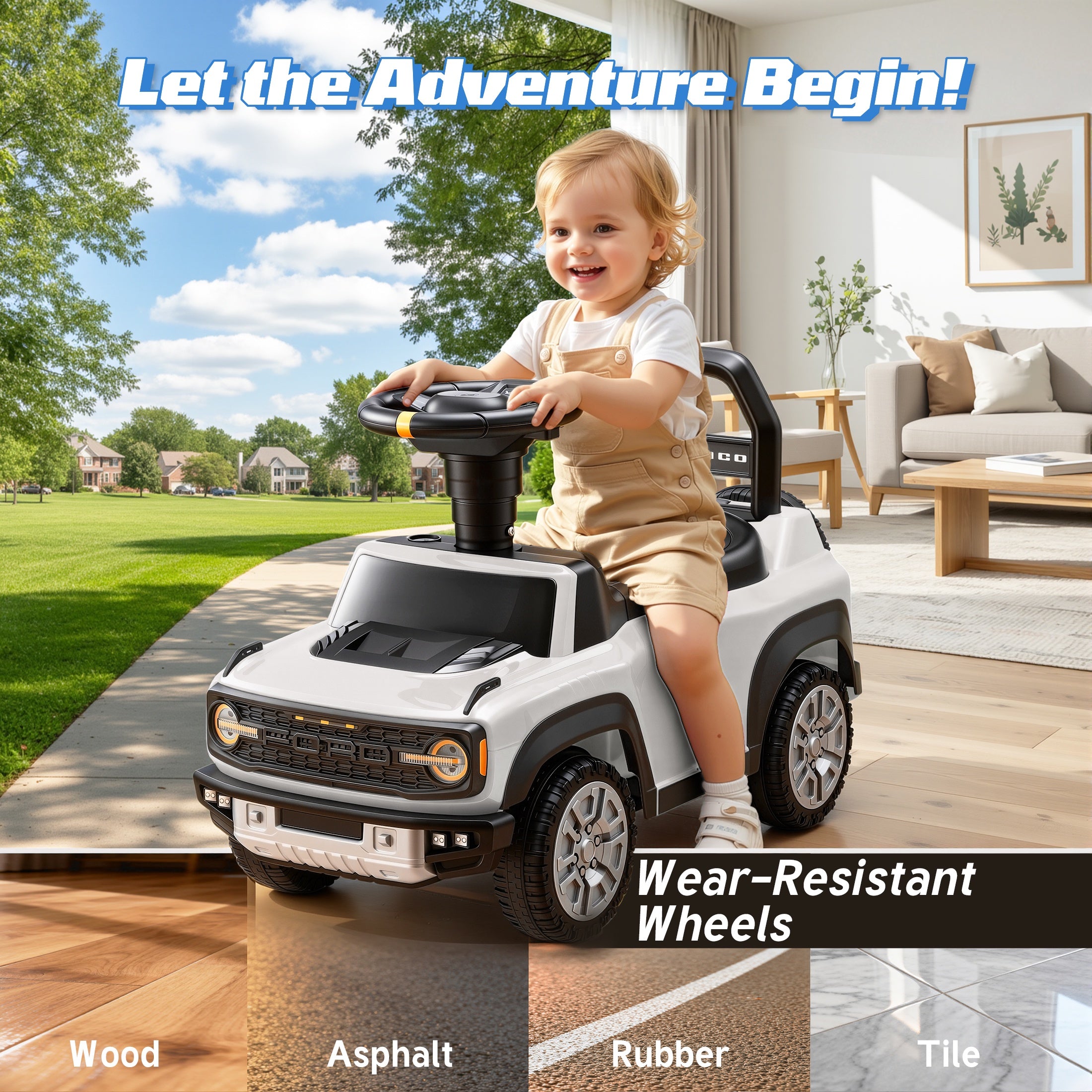 iYofe Kids Ride on Push Car 2 in 1, Ford Bronco Raptor Toddlers Ride on Push Toys with Horn, Music, Handle, Under Seat Storage, Ride on Toys for Toddlers 18 Months +, White