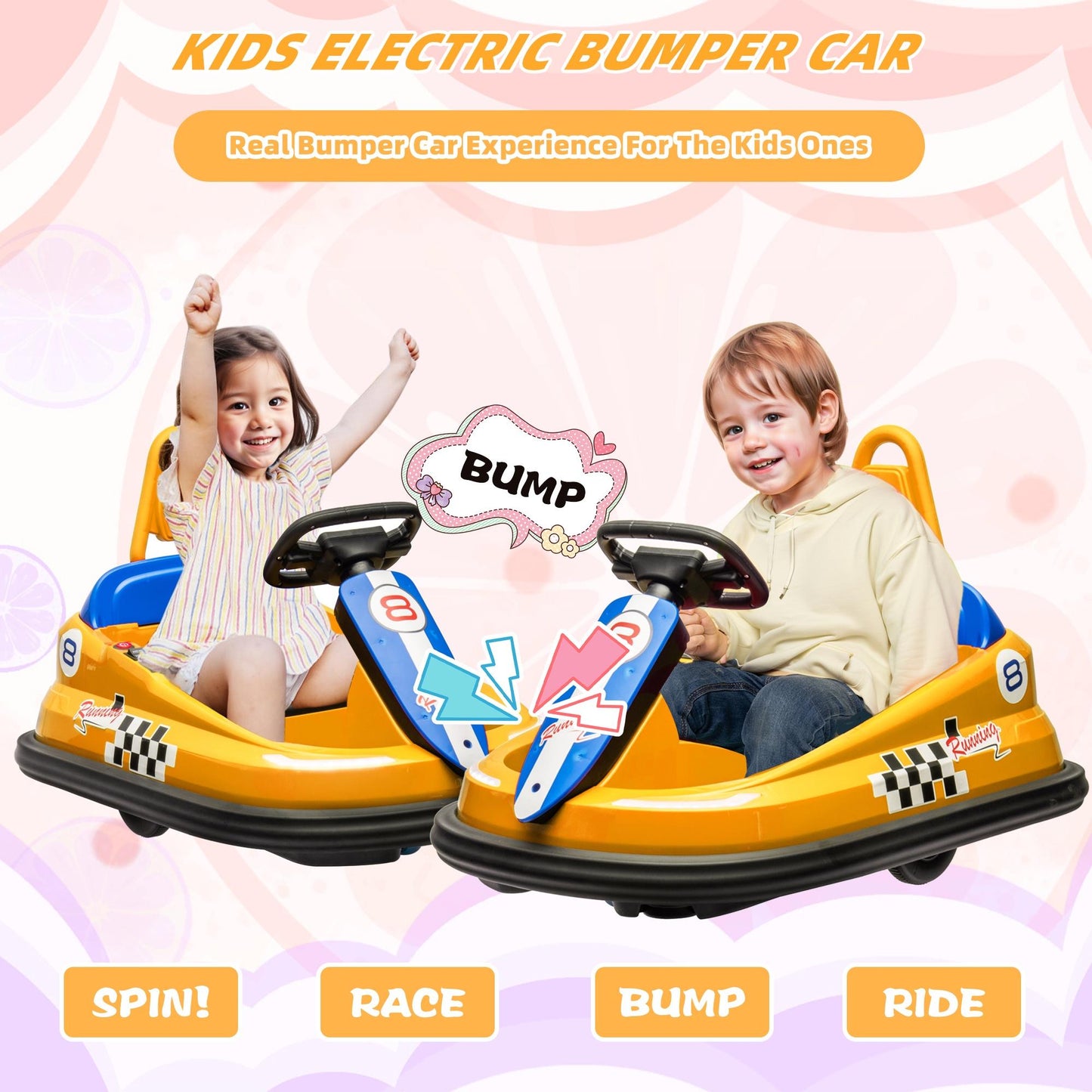 iYofe 6V Bumper Car Ride on with Remote Control, Bumper Cars for Kids Toddlers Boys Girls 2-6 Years Old Gifts, Battery Powered Ride on Toys with Bluetooth, Player, 360¡ãSpin, LED Light, 3 Speed, Yellow