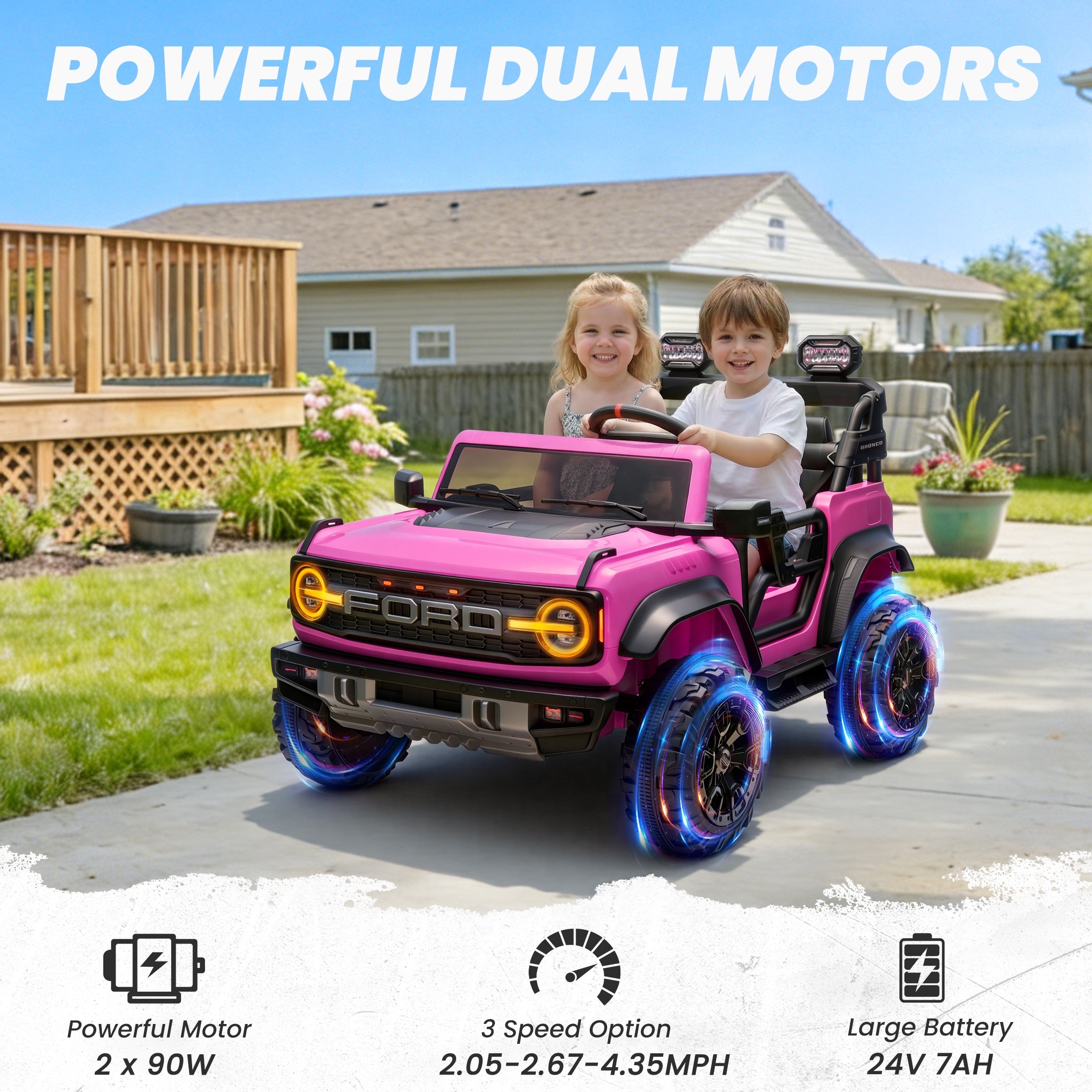 iYofe 24V 2 Seater Ford Bronco Raptor Powered Ride on Car with Remote Control, Bluetooth, Ages 3-8, Pink
