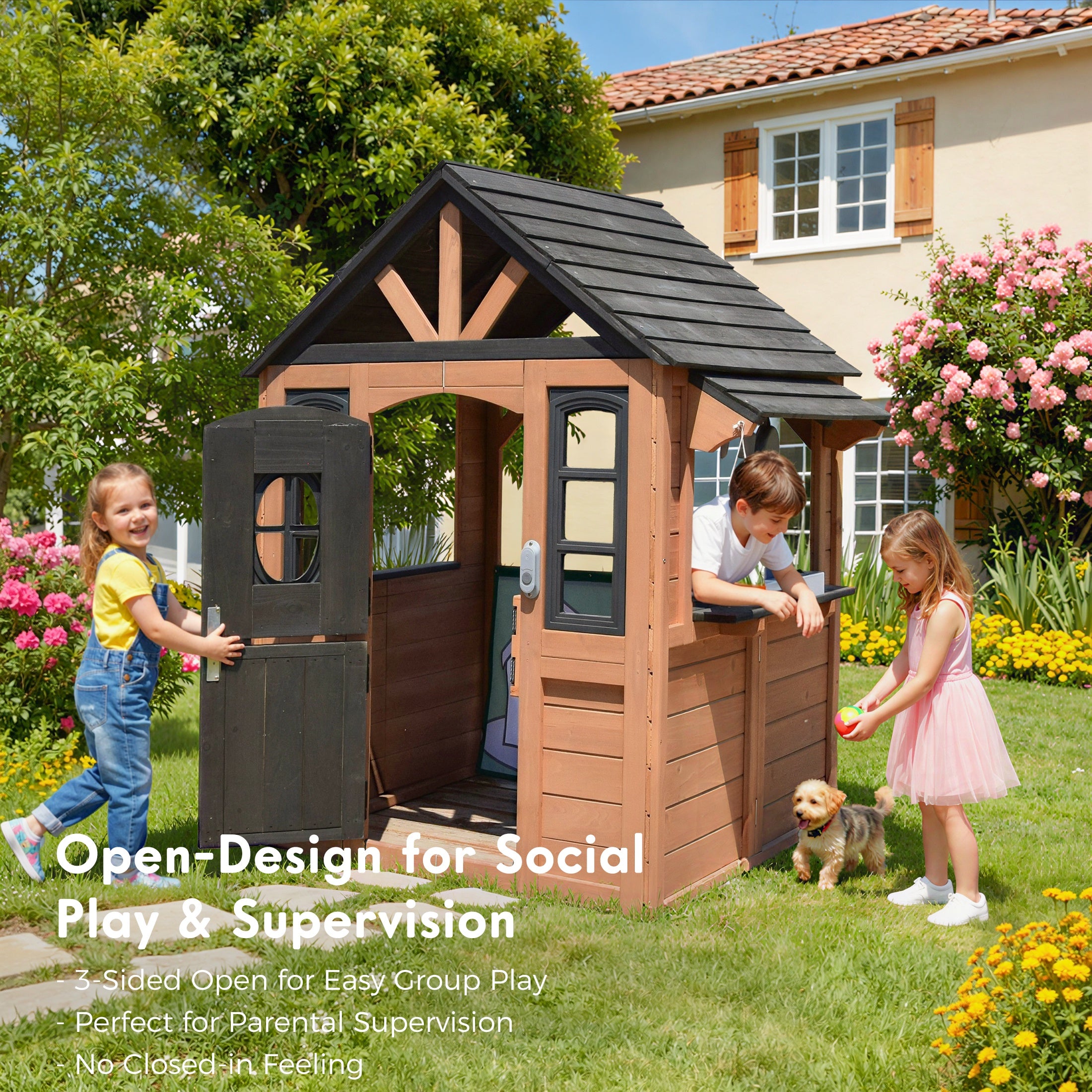 iYofe Outdoor Playhouse, Wooden Kids Playhouse with Play Kitchen, Working Doorbell, Bird Cage, Pet Door, Outdoor Kids Play Equipment Gift for Ages 2+, Brown