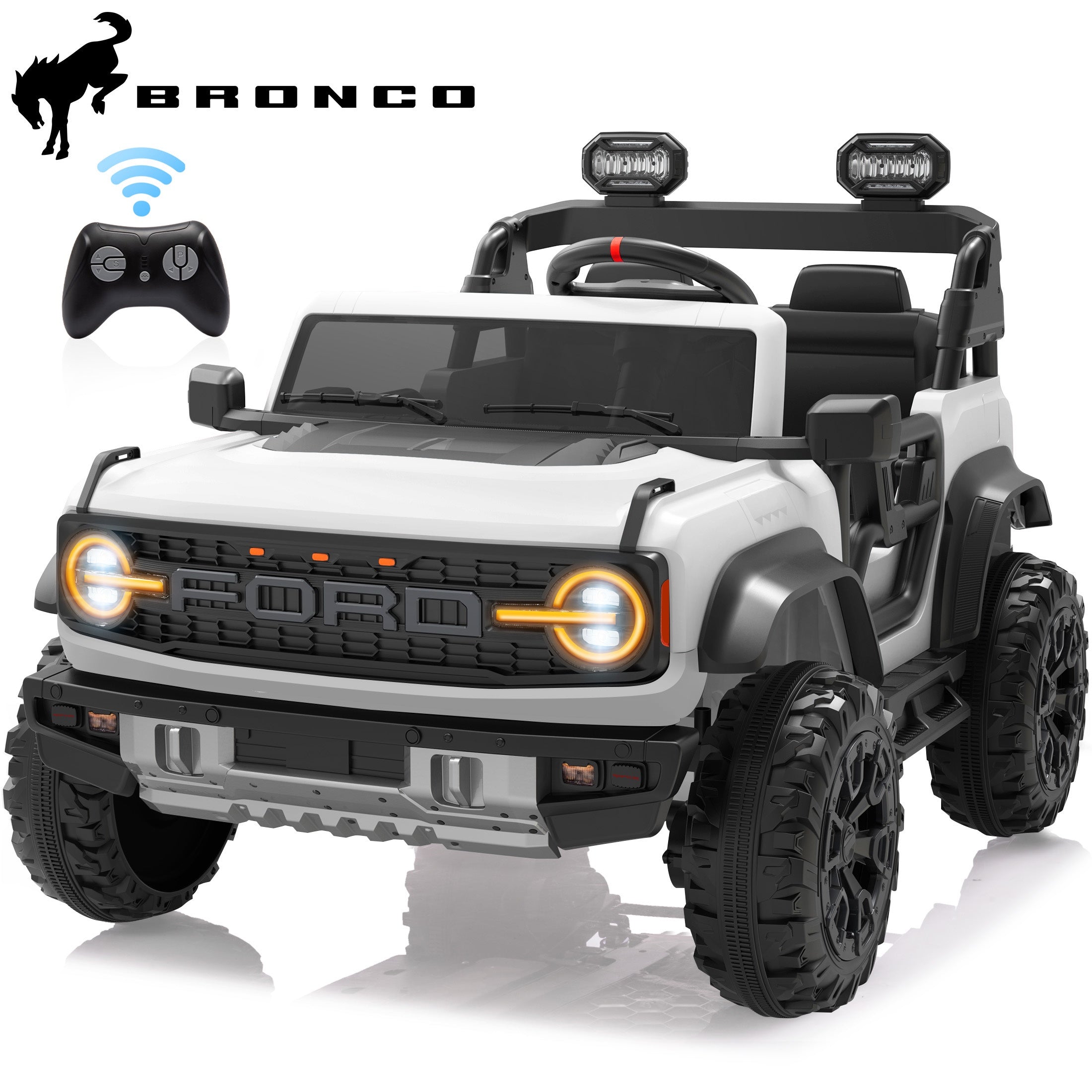 iYofe 24V 2 Seater Ride on Cars, Licensed Ford Bronco Raptor Powered Ride on Trucks with Remote Control, Spring Suspension, Bluetooth, LED Light, Ride on Toys for Kids Ages 3-8 Boy Girls Gift, White