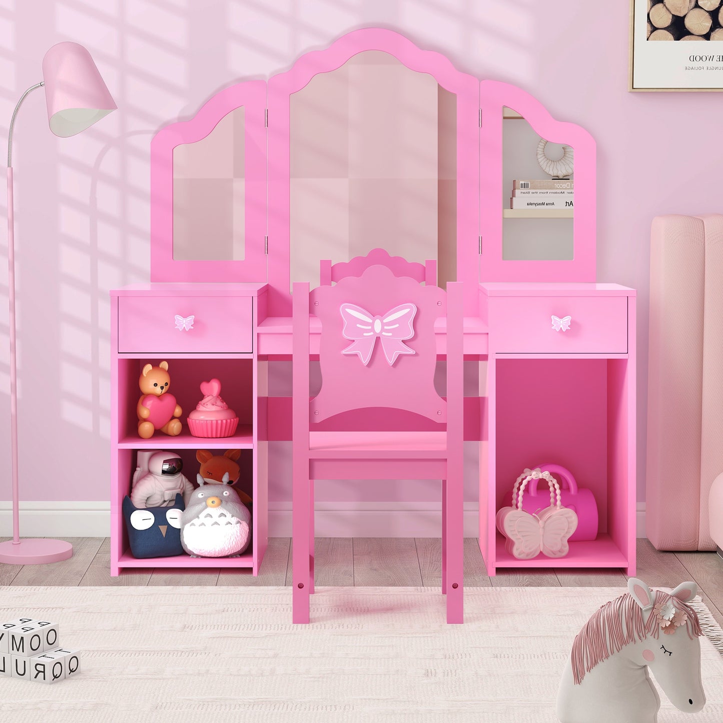 Girls Vanity Set with Mirror and Stool, Wood 2 in 1 Princess Kids Vanity Sets for Girls 3-9 Years Old, Kids Makeup Vanity Table Set with Detachable Top, Storage Cabinet, Pink