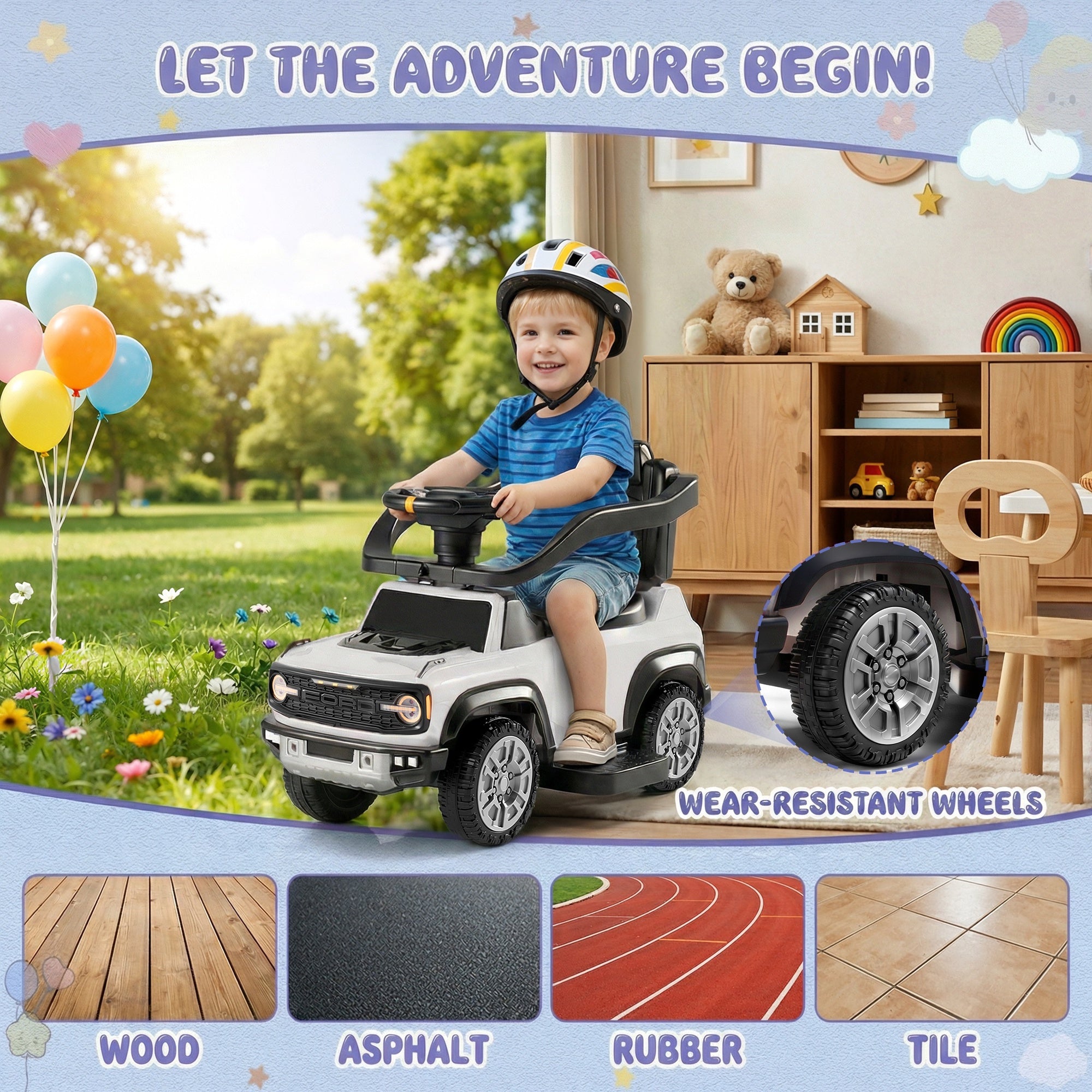 iYofe Kids Ride on Push Car, Licensed Ford Bronco Raptor Toddlers Ride on Toys with Horn, Music, Handle, Under Seat Storage, Kids Push Car for Toddlers 18 Months +, White