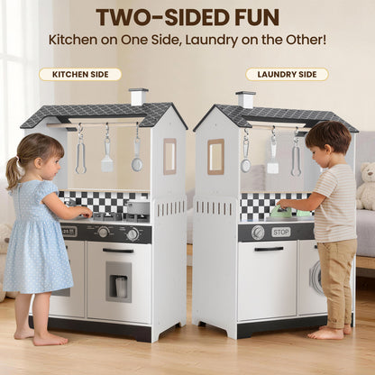 iYofe Wooden Play Kitchen Set, 2-in-1 Kids Kitchen & Laundry Pretend Play Center for Toddlers
