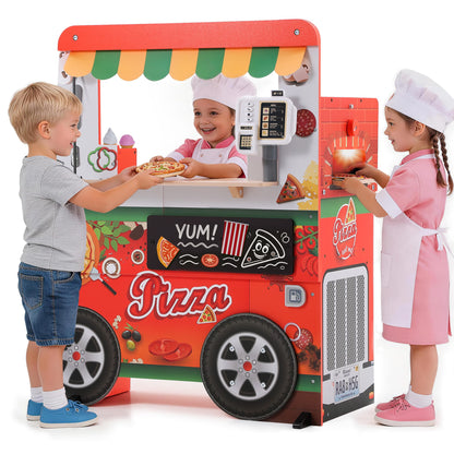 iYofe Wooden Food Truck Toy, Pizza Play Set Pretend Kitchen with Light Sound Oven and Credit Card Machine, Ice Cream Cart, Dramatic Play Center for Classroom for Boys Girl 3+
