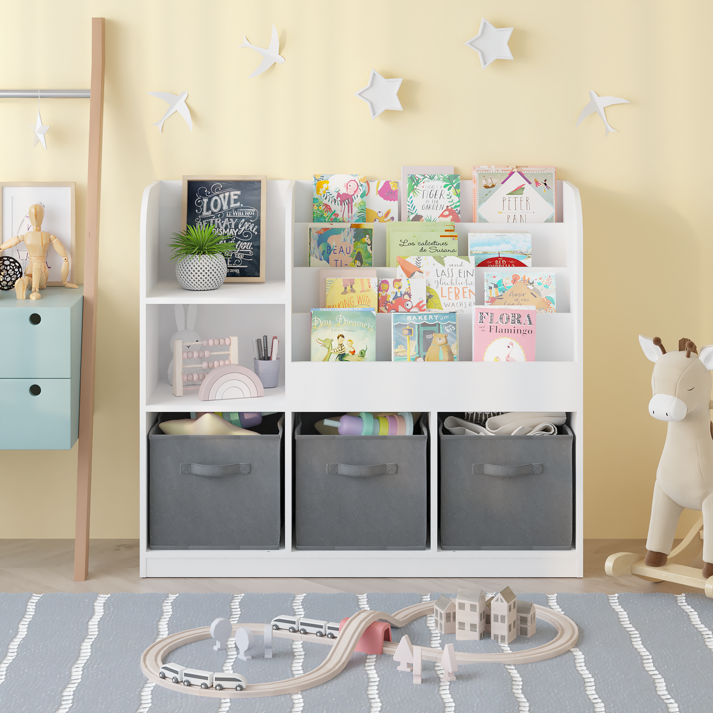 Multifunctional Bookcase and Bookshelf with 3 Collapsible Fabric Drawers, Storage Organizer and Display Stand for Bedroom, Playroom, Hallway, White&Gray