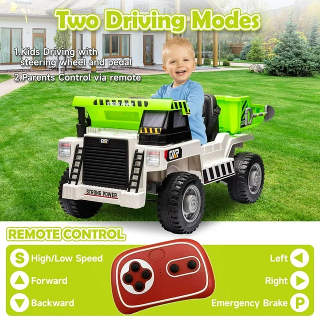 Ride on Dump Truck for Kids, 12V Power Ride on Cars with Remote Control, Bluetooth, Music Play, 4 Wheels Electric Dump Bed, Kid Shovel, Phone Stand, Ride on UTV Toy for Boys and Girls 3-6 Yrs