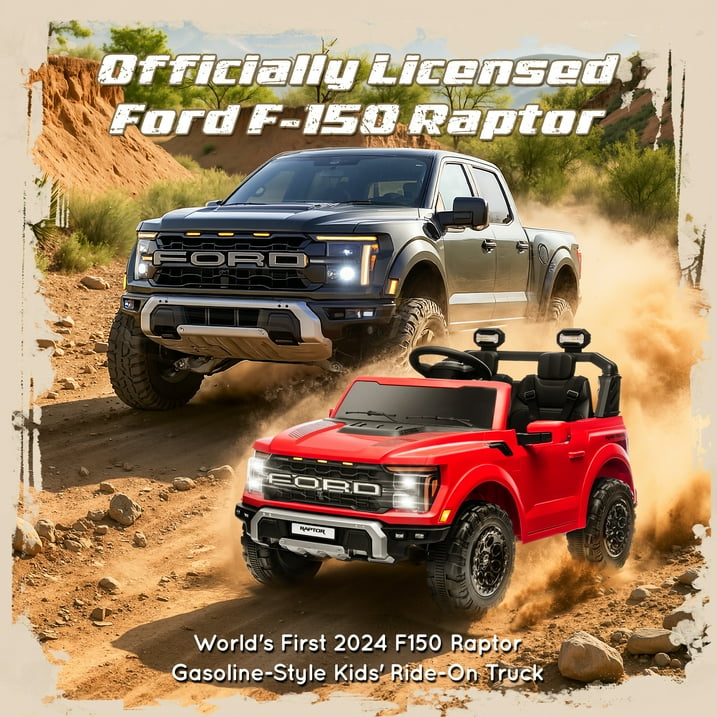 24V Ride on Toys for Big Kids, Ford F150 Raptor Battery Powered 2 Seater Ride on Cars with Remote Control, Electric Car Truck w/4 Wheelers/Bluetooth & Lights for Kids Girls Boys Ages 4-8, Red