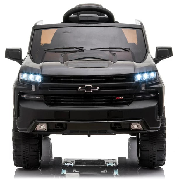 Licensed Chevrolet Silverado Kids Ride on Toys, 12V Ride on Car w/Remote Control, Battery Powered Pickup Truck Ride on w/Spring Suspension, LED Light, Music, Safety Belt, Black, D496