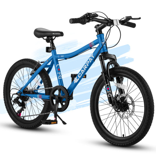 20 Inch Kids' Bike, Boys Girls Mountain Bike Ages 8-12, 7 Speed Teenager Children Kids' Bicycles, Front Suspension Disc Brake Rear V-Brake, High Steel Frame,Blue