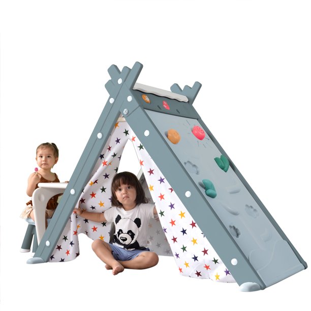 4 in 1 Kids Play Tent Toys, Foldable Easel with Stool, Climber, Toddler Game Table, Playhouse Castle Play Tent for Boys & Girls.59'' x 27.2'' x 47.5'', Gray