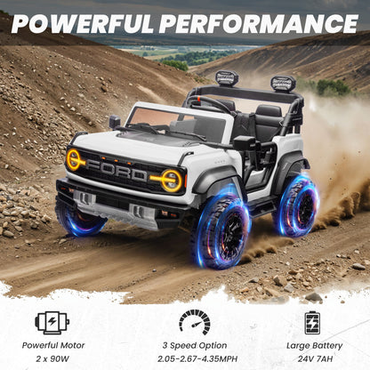 iYofe 24V 2 Seater Ride on Cars, Licensed Ford Bronco Raptor Powered Ride on Trucks with Remote Control, Spring Suspension, Bluetooth, LED Light, Ride on Toys for Kids Ages 3-8 Boy Girls Gift, White